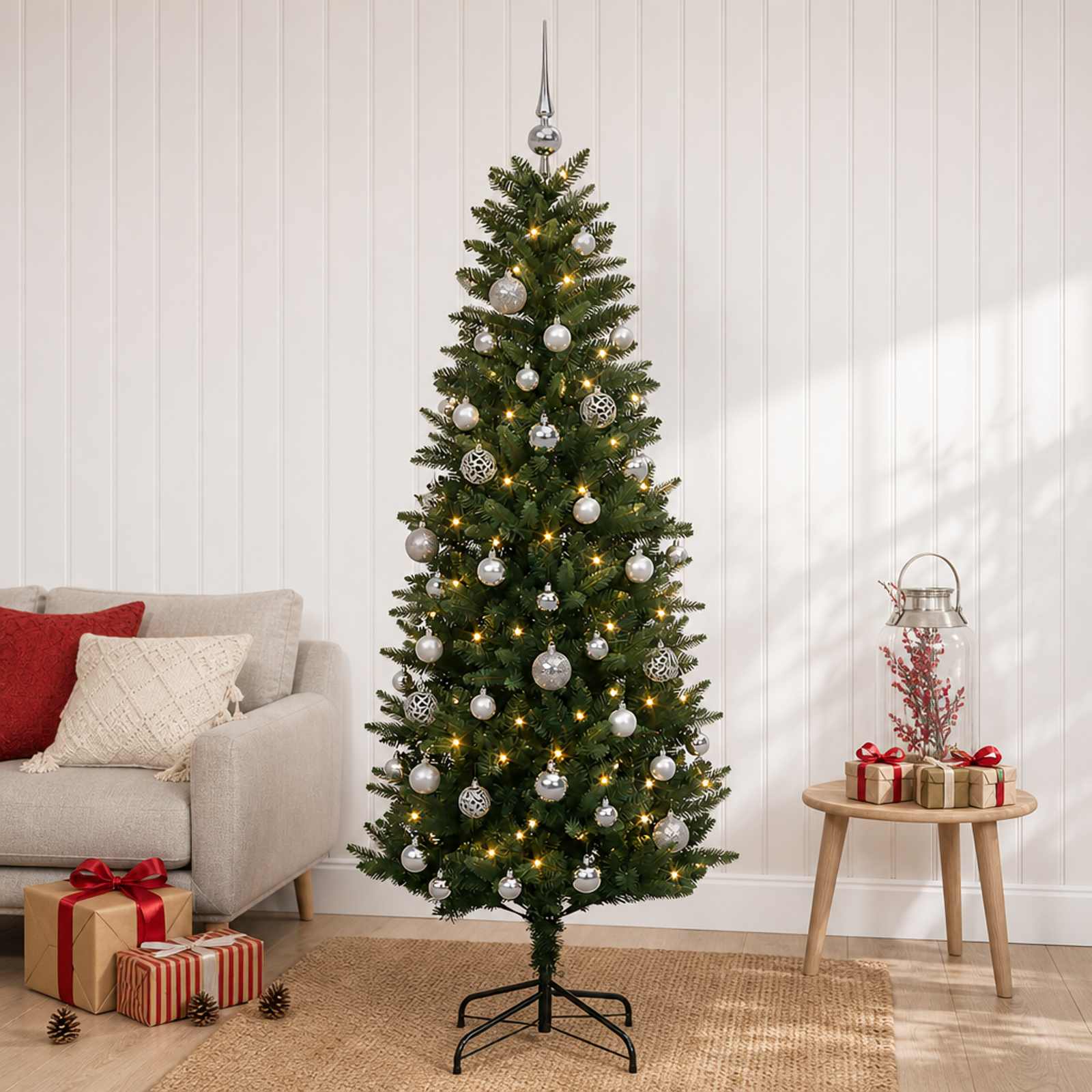 vidaXL Kunstig juletre med kuler 120 cm 150 LED-lys Varmhvit PE og PVC