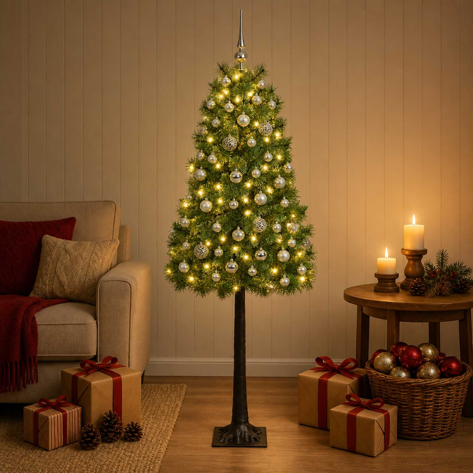 vidaXL Kunstigt hængslet juletræ med julekugler 150 cm 150 LED'er