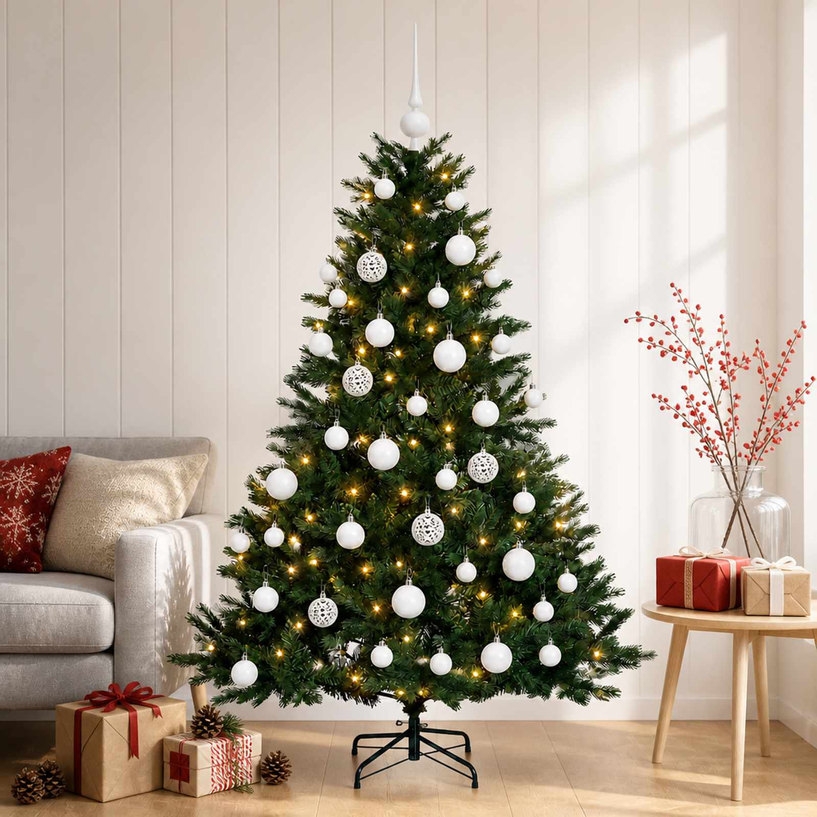 vidaXL Kunstig juletre med julekuler 120 cm 150 LED-lys Varmhvit