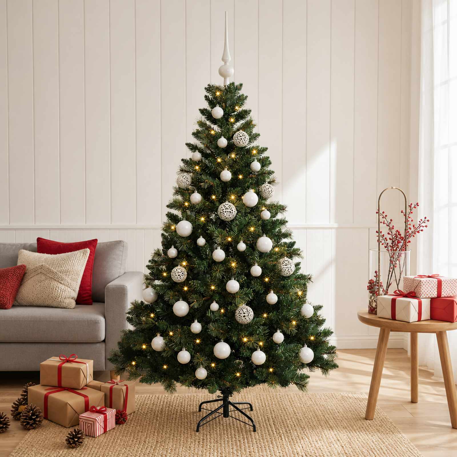 vidaXL Kunstig juletre med kuler 150 cm 150 LED-lys Varmhvit