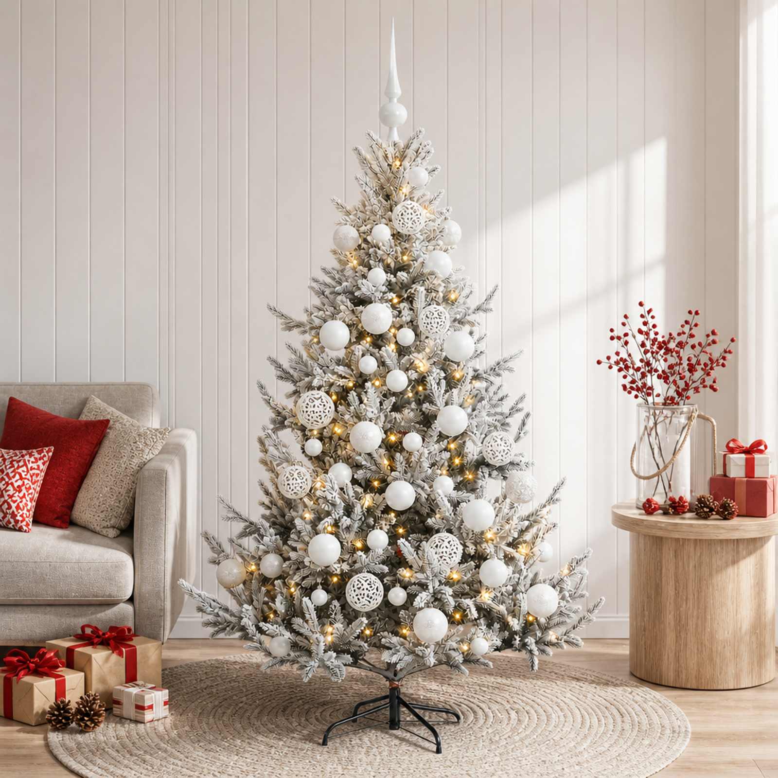 vidaXL Kunstig juletre med julekuler 150 cm 150 LED-lys Varmhvit