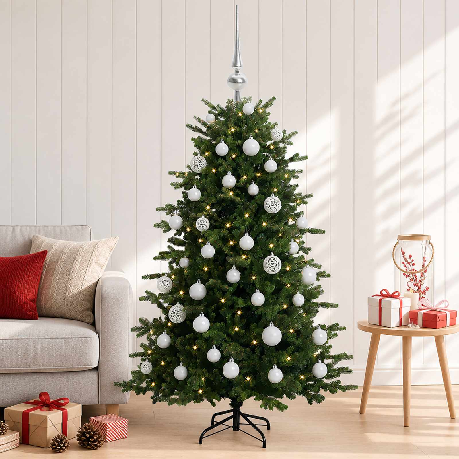 vidaXL Kunstig juletre med julekuler 120 cm 150 LED-lys Varmhvit