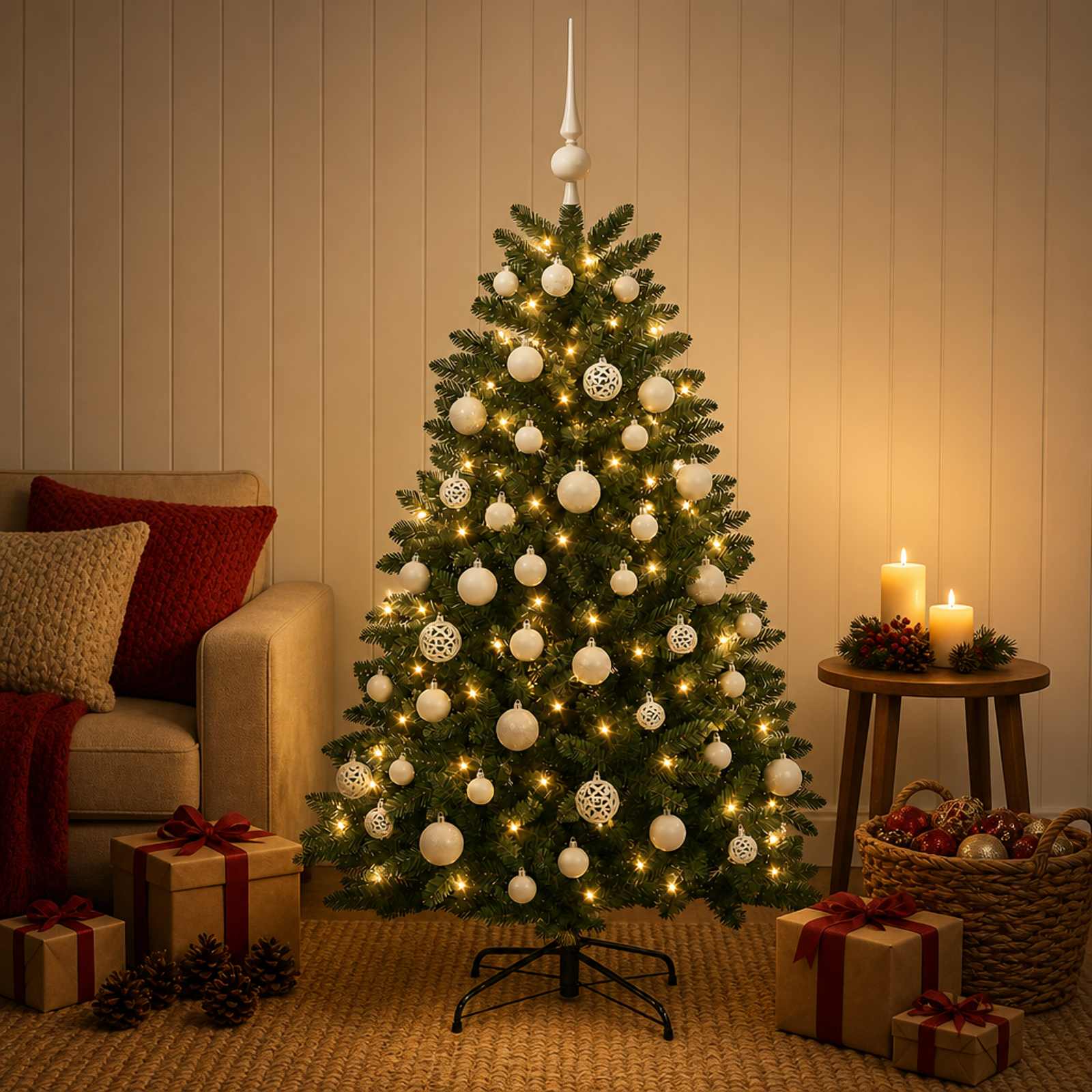 vidaXL Kunstigt juletræ mellemgrønt med julekugle 150 cm 150 LED'er