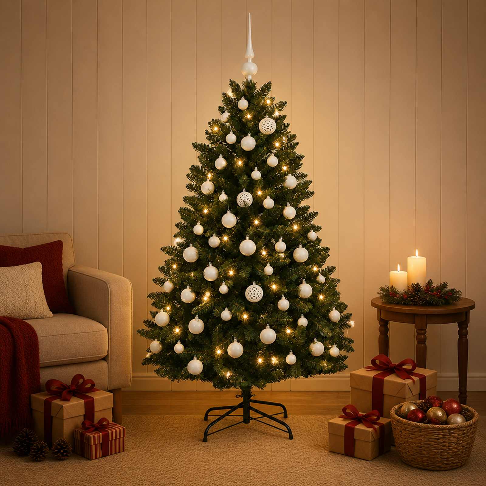 vidaXL Kunstigt juletræ mørkegrønt med julekugler 150 cm 150 LED'er