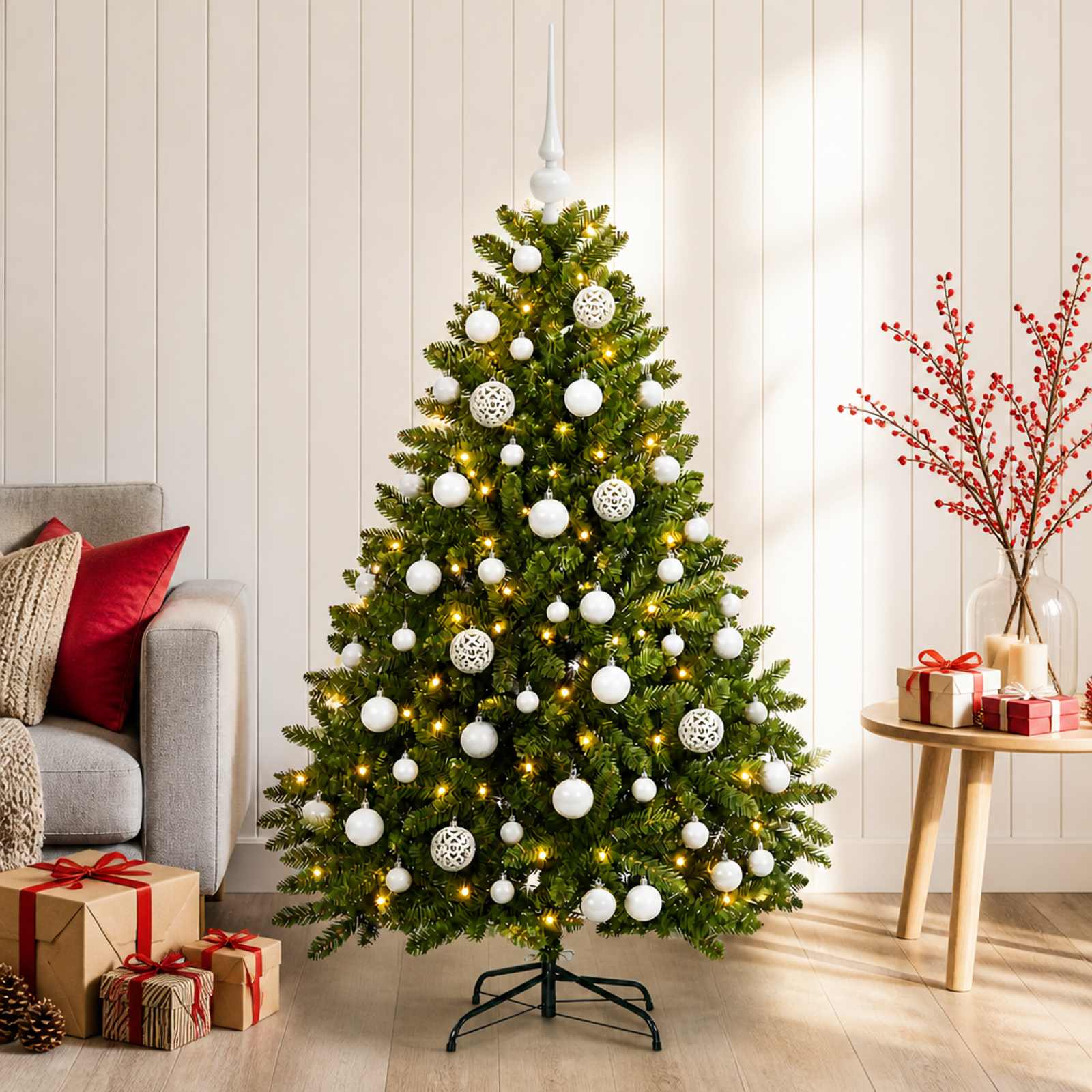 vidaXL Kunstigt lysegrønt juletræ med julekugler 120 cm 150 LED'er