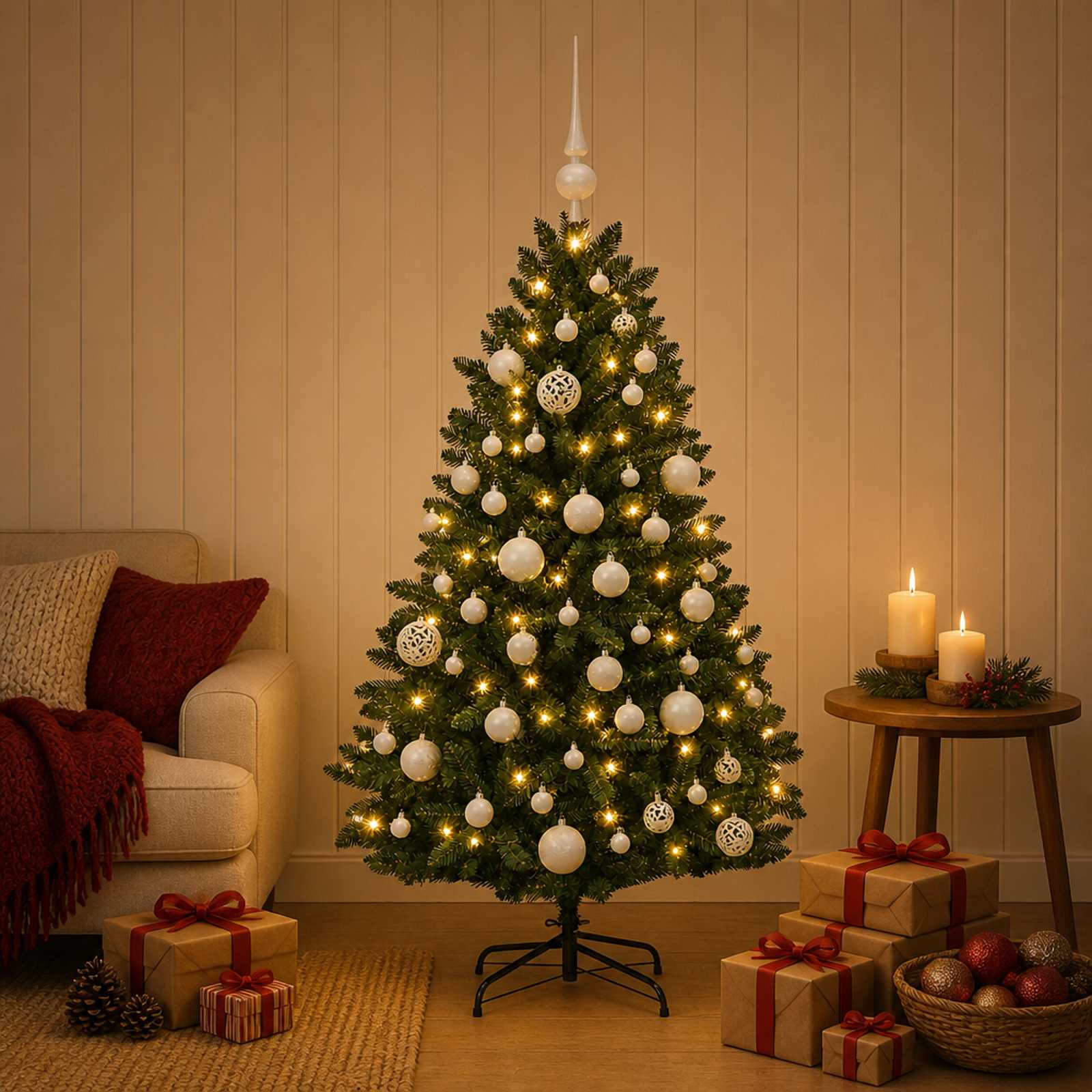 vidaXL Kunstigt mørkegrønt juletræ med julekugle 150 cm 150 LED'er