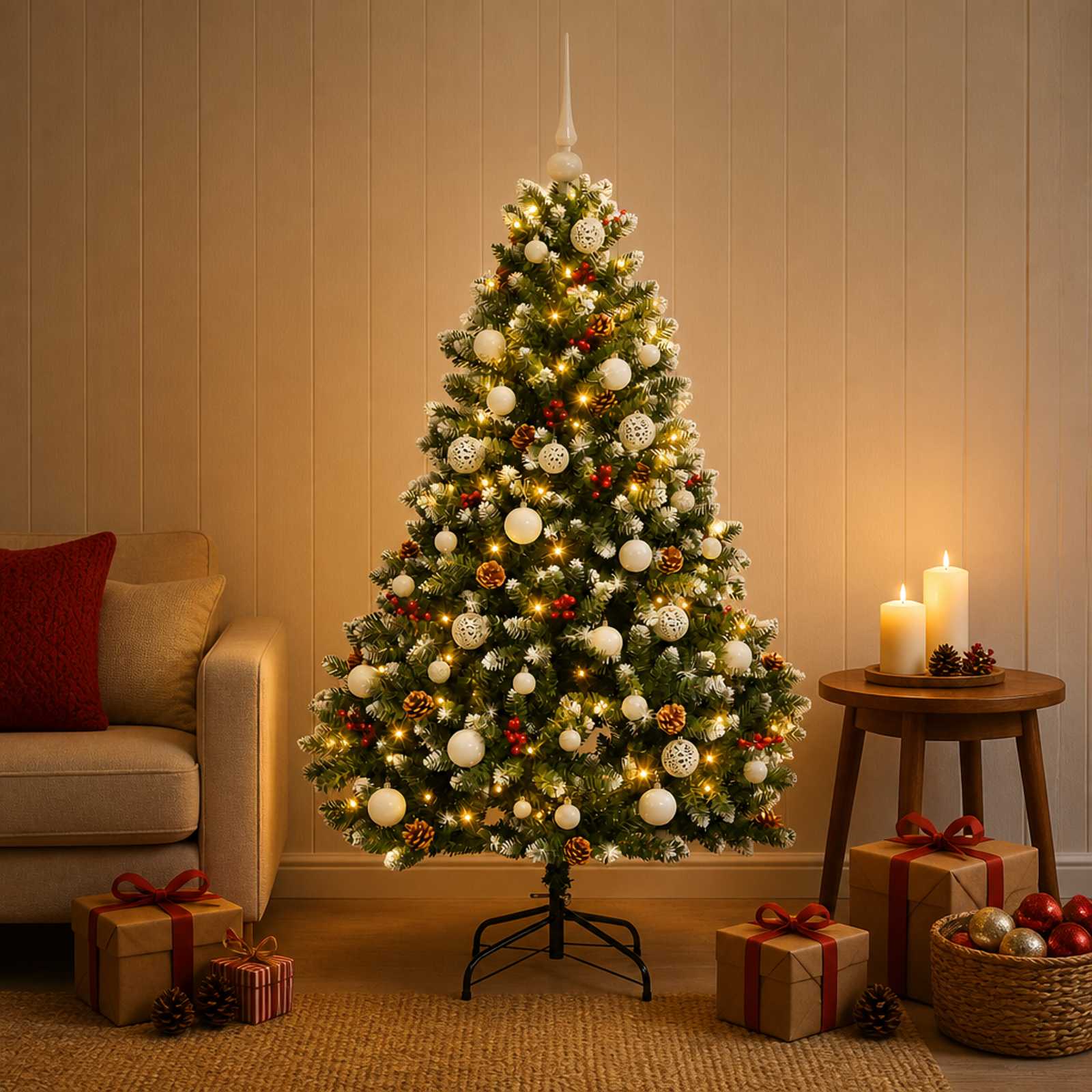 Artificial Christmas tree with green branches, white ornaments, and 300 LED lights, standing in a living room with presents and candles.