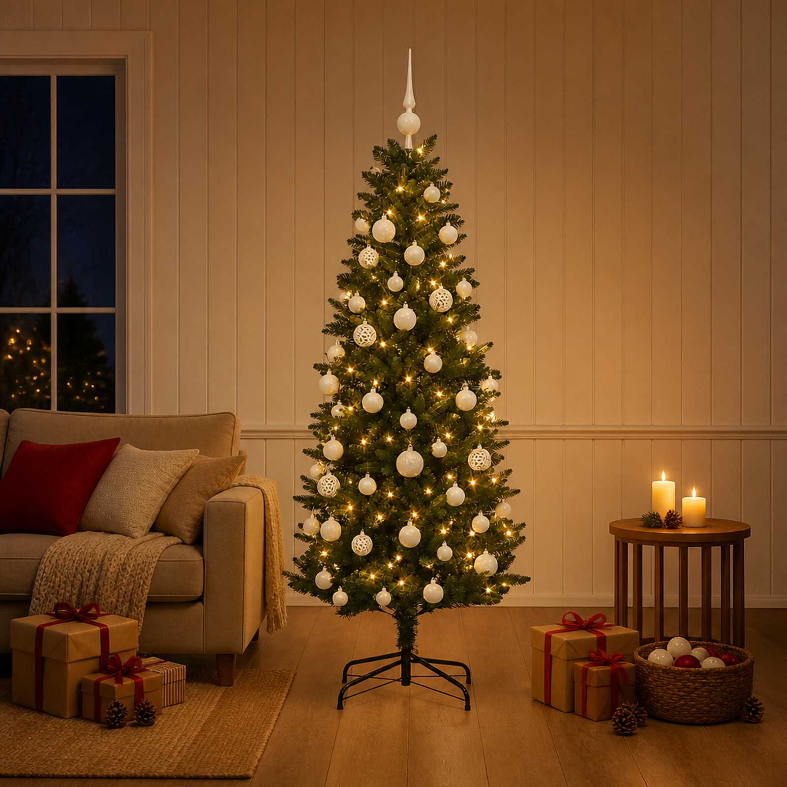 vidaXL Kunstig juletre med kuler 150 cm 150 LED-lys Varmhvit PE og PVC