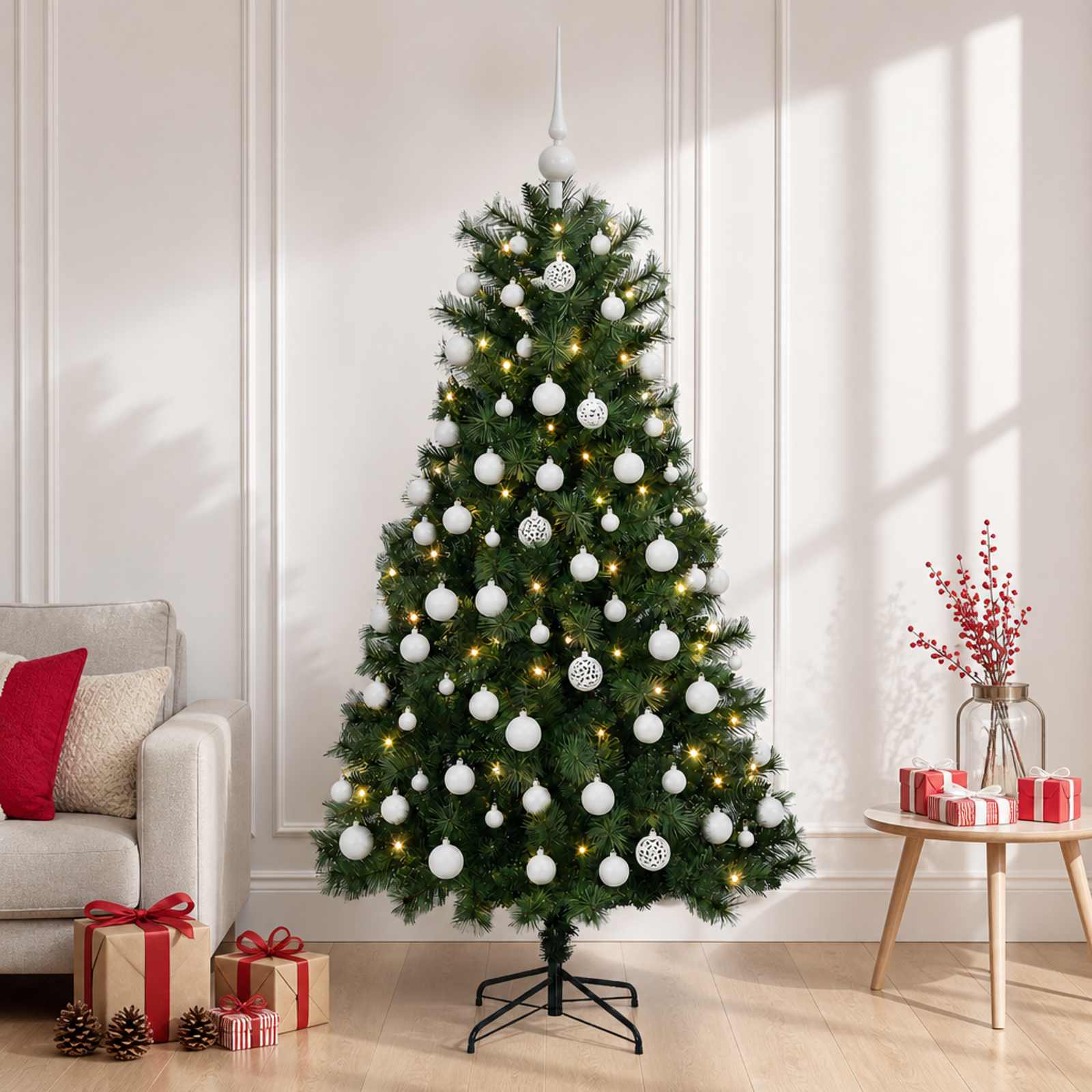 vidaXL Kunstigt hængslet juletræ med julekugler 150 cm 150 LED'er