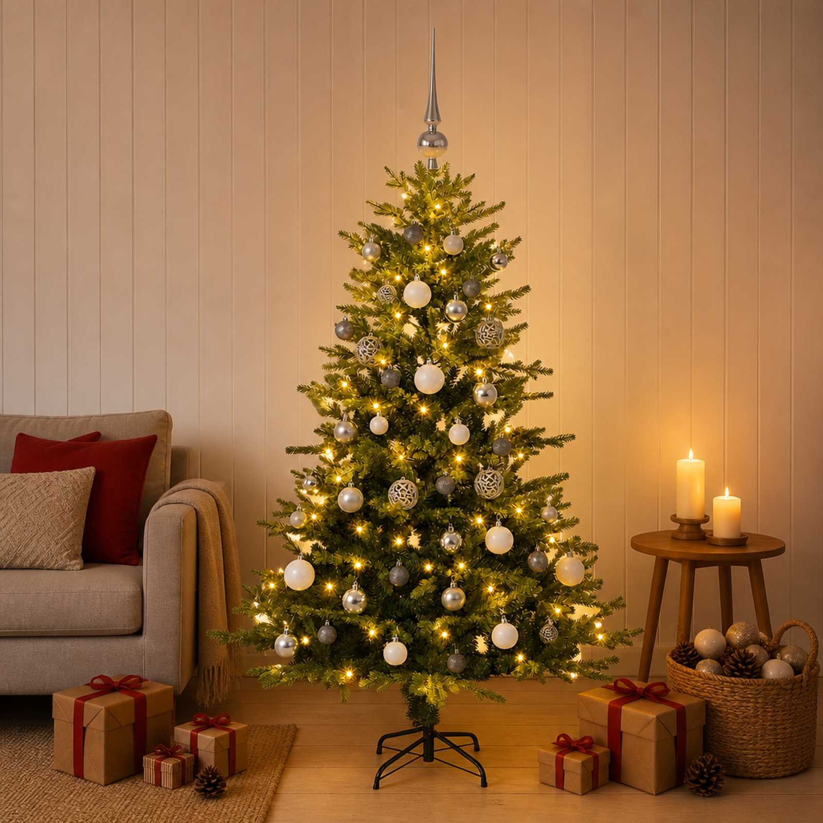 vidaXL Muovinen joulukuusi koristeilla 120 cm 150 LEDiä