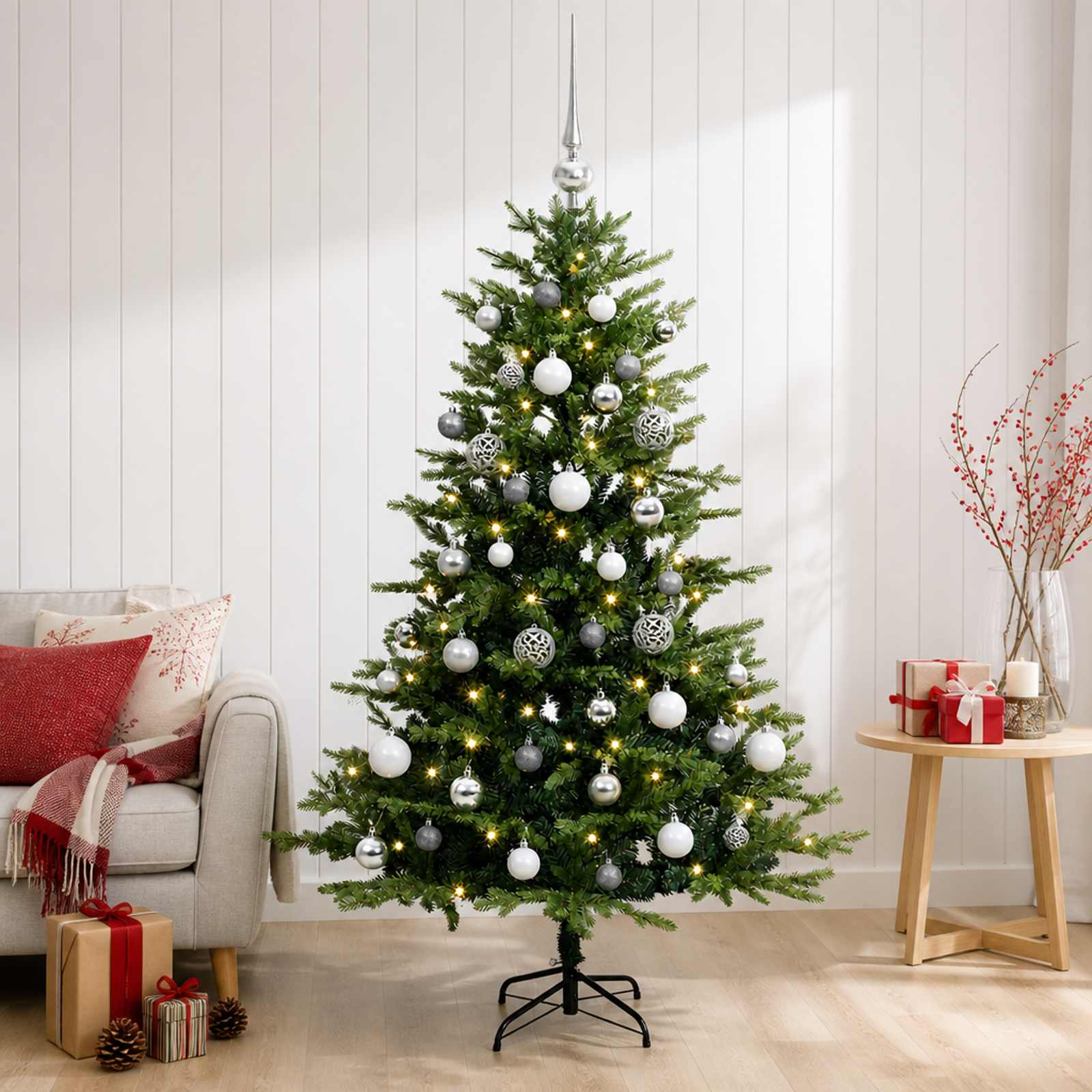 Umjetno božično drevo z okrasnimi kroglami 120 cm 150 LED