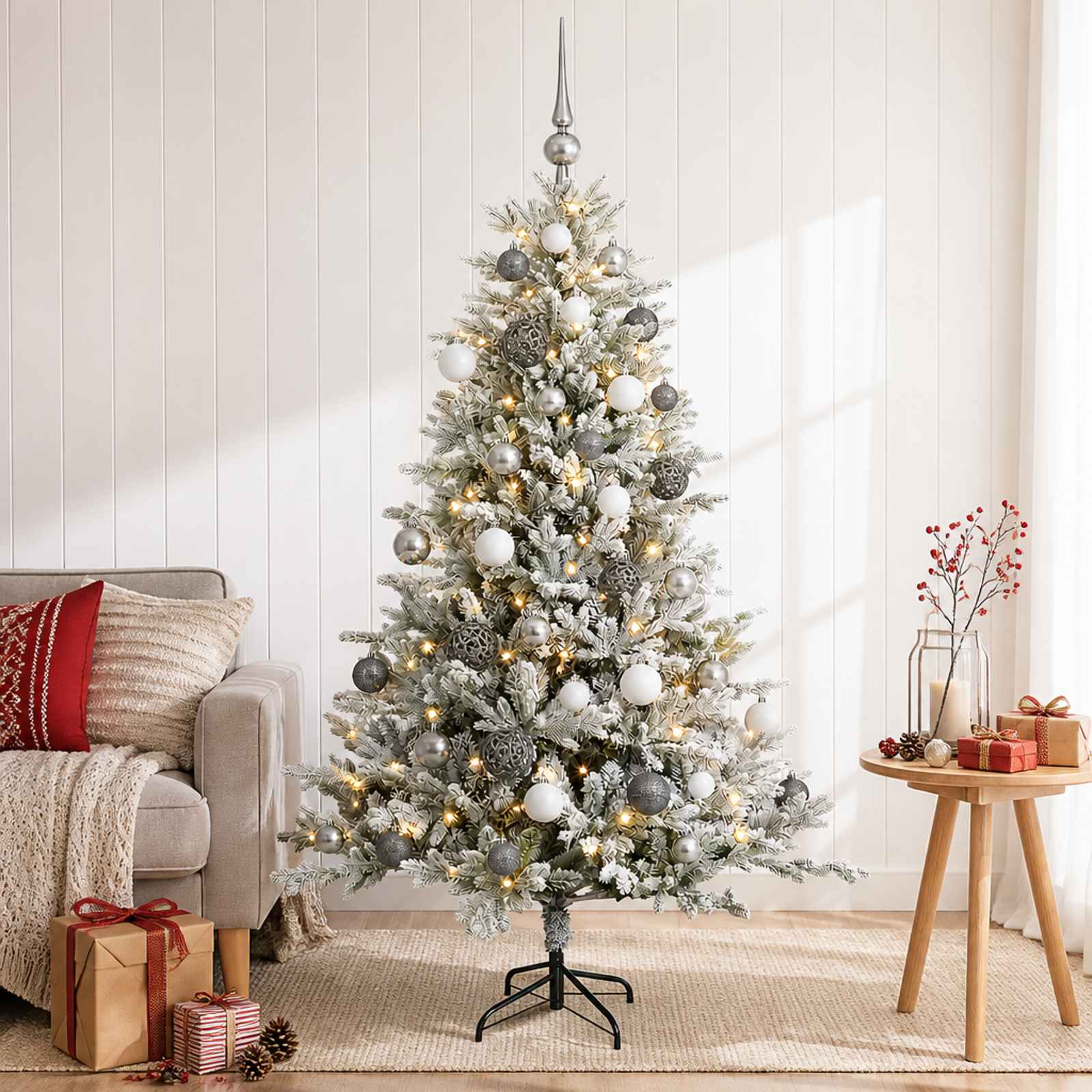 vidaXL Muovinen joulukuusi koristeilla 120 cm 150 LEDiä