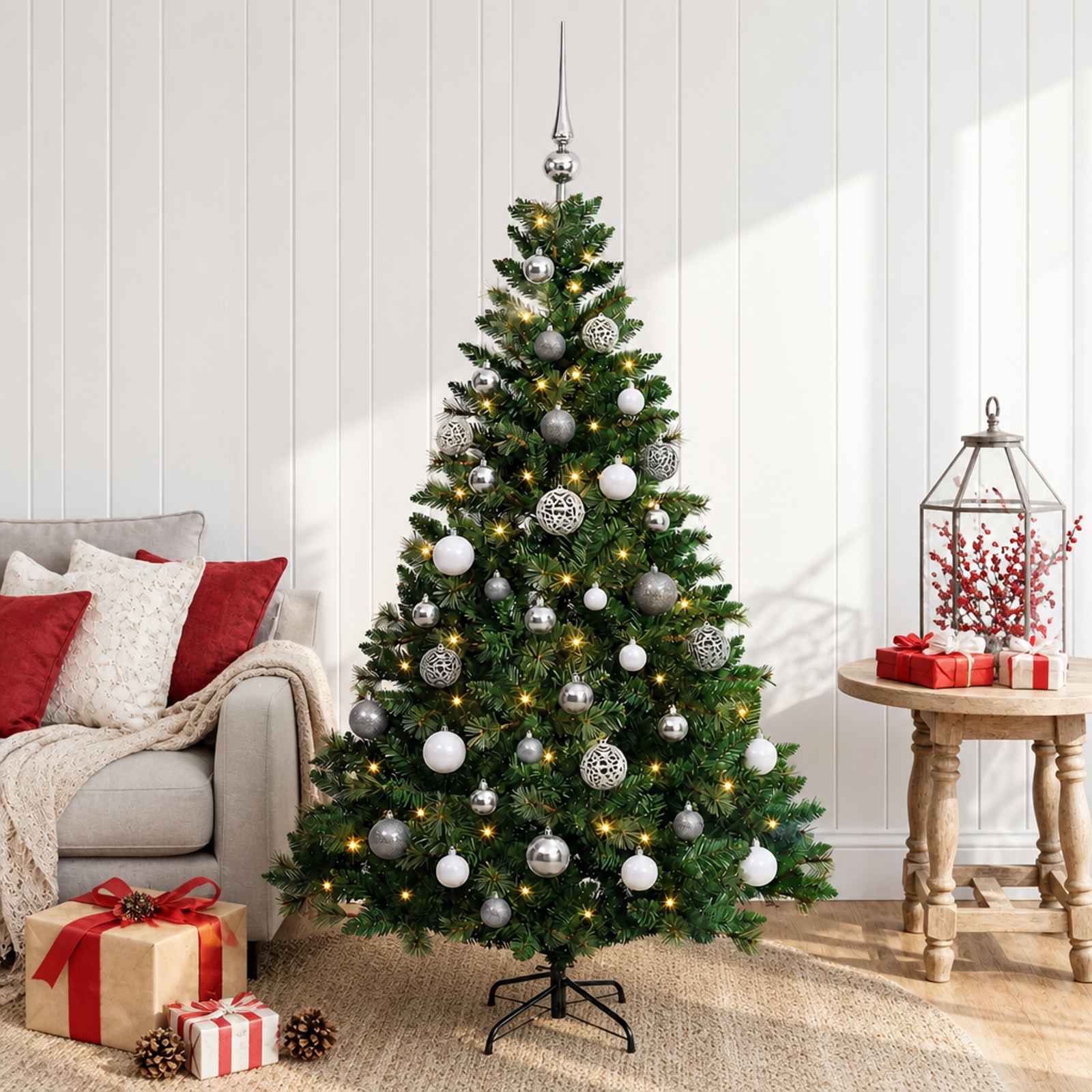 vidaXL Kunstig juletræ med kugler 150 cm 150 LED'er Varm hvid