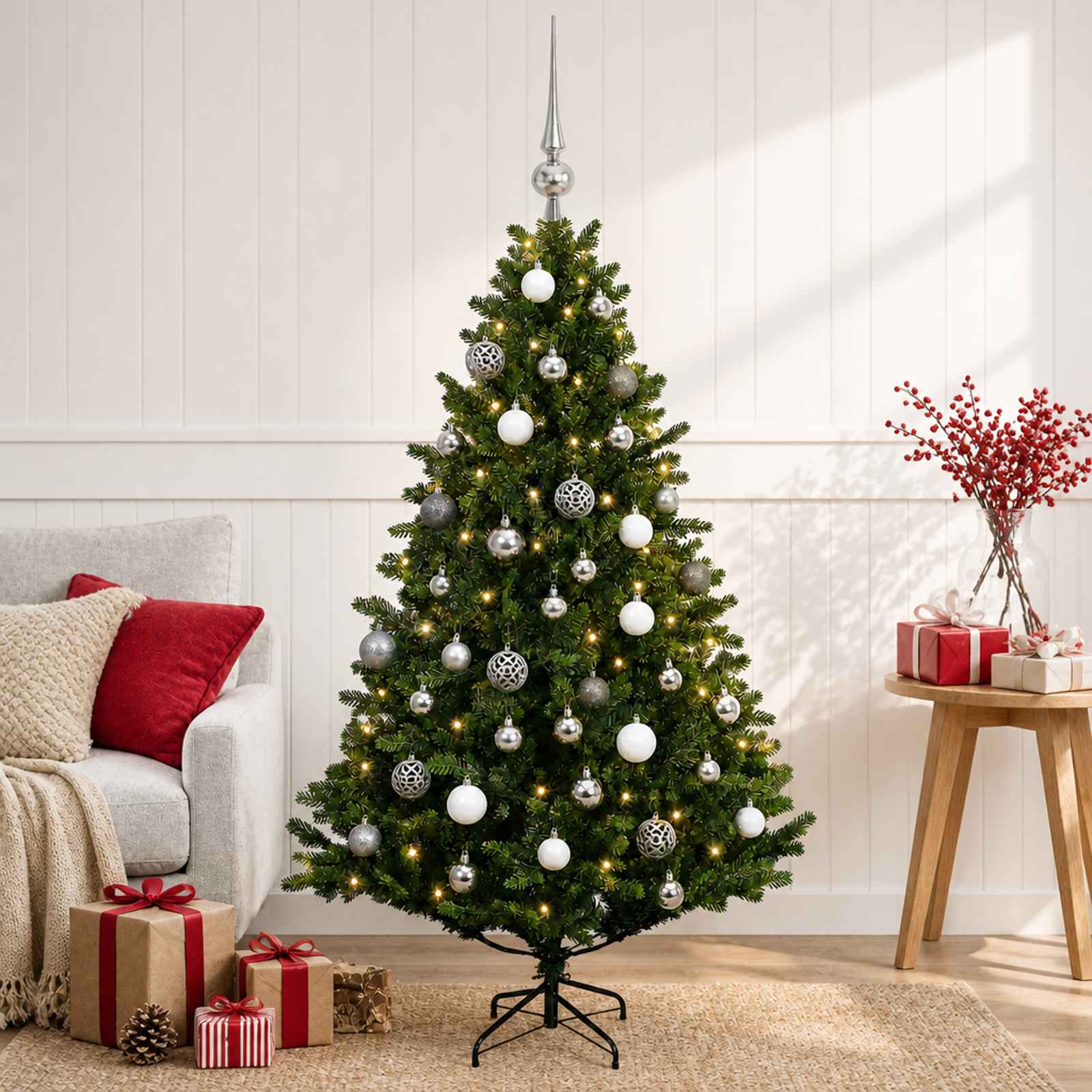 vidaXL Muovinen joulukuusi koristeilla 150 cm 150 LEDiä