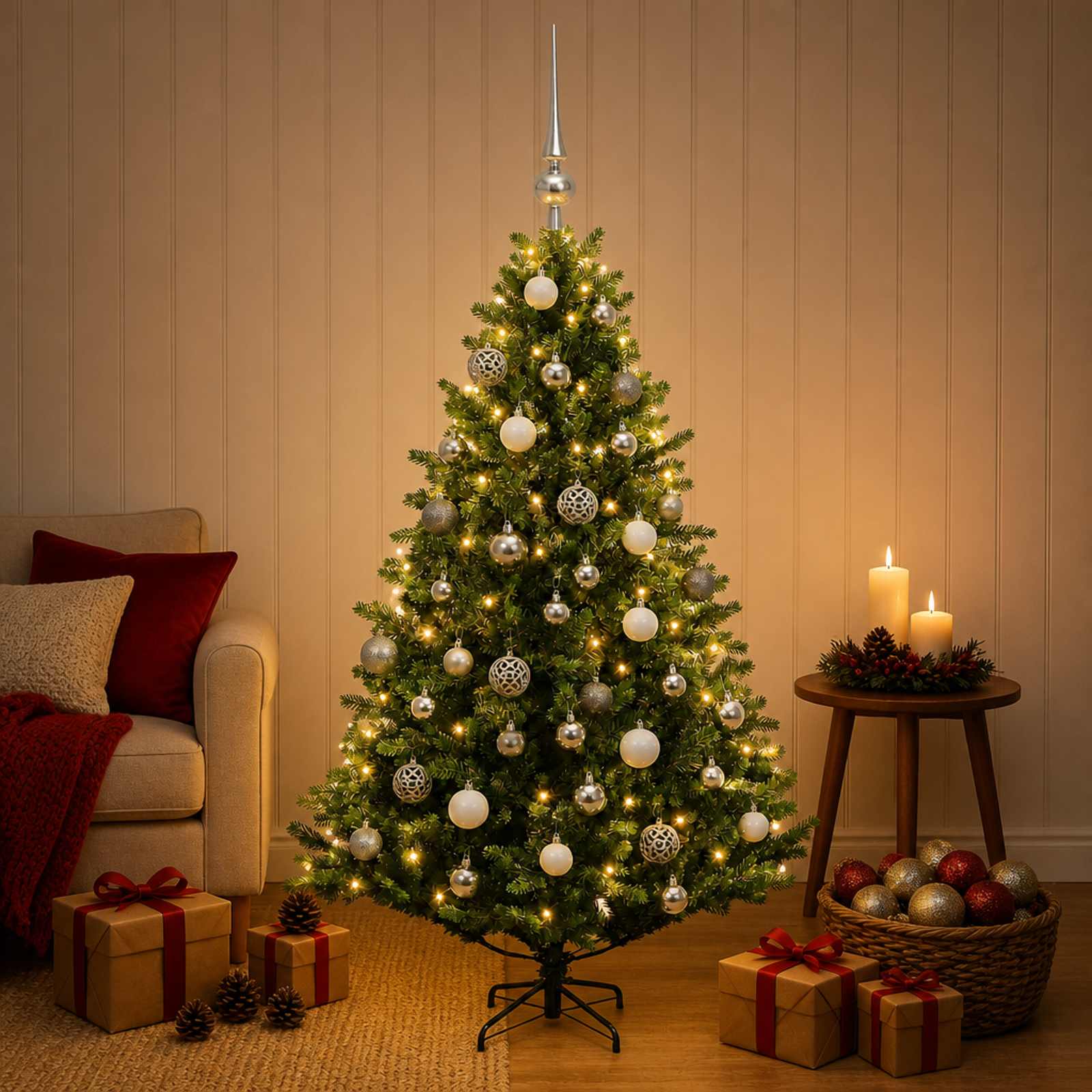 Umjetno božično drevo z okrasnimi kroglami 120 cm 150 LED