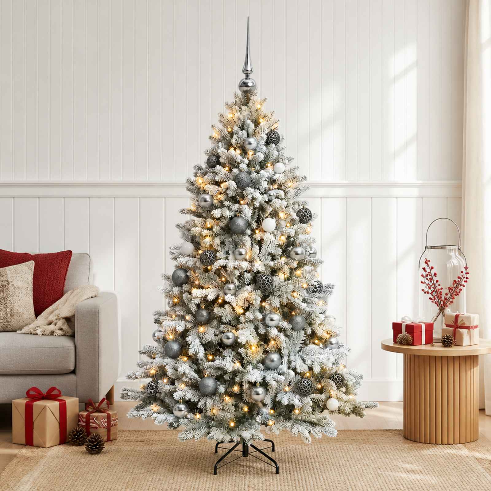 vidaXL Muovinen joulukuusi koristeilla 120 cm 150 LEDiä