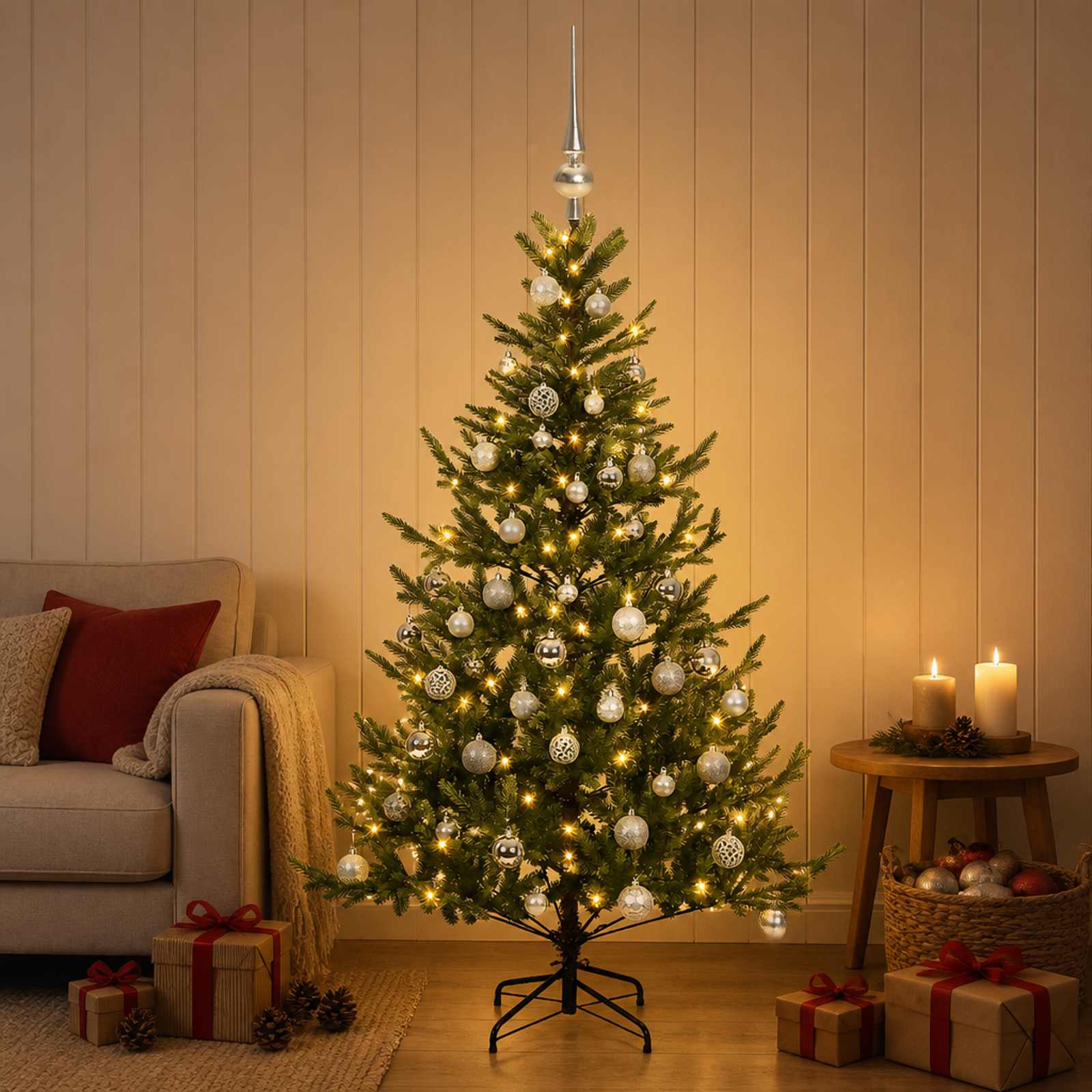 vidaXL Tekokuusi joulupalloilla 150 cm 150 LEDiä Lämpimän Valkoinen