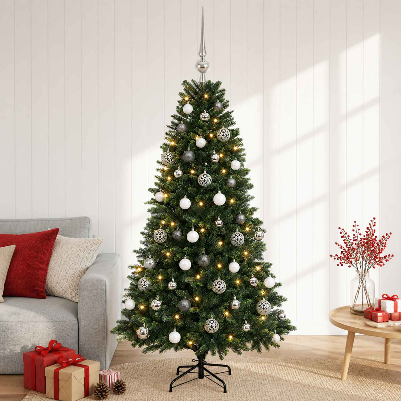 vidaXL Muovinen joulukuusi koristeilla 150 cm 150 LEDiä