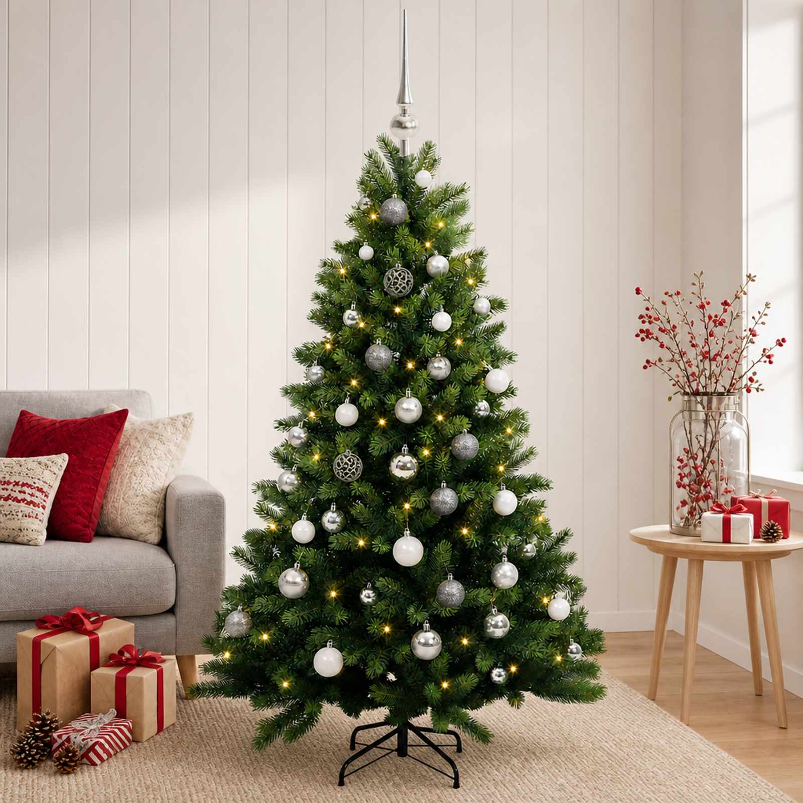 vidaXL Muovinen joulukuusi koristeilla 150 cm 150 LEDiä