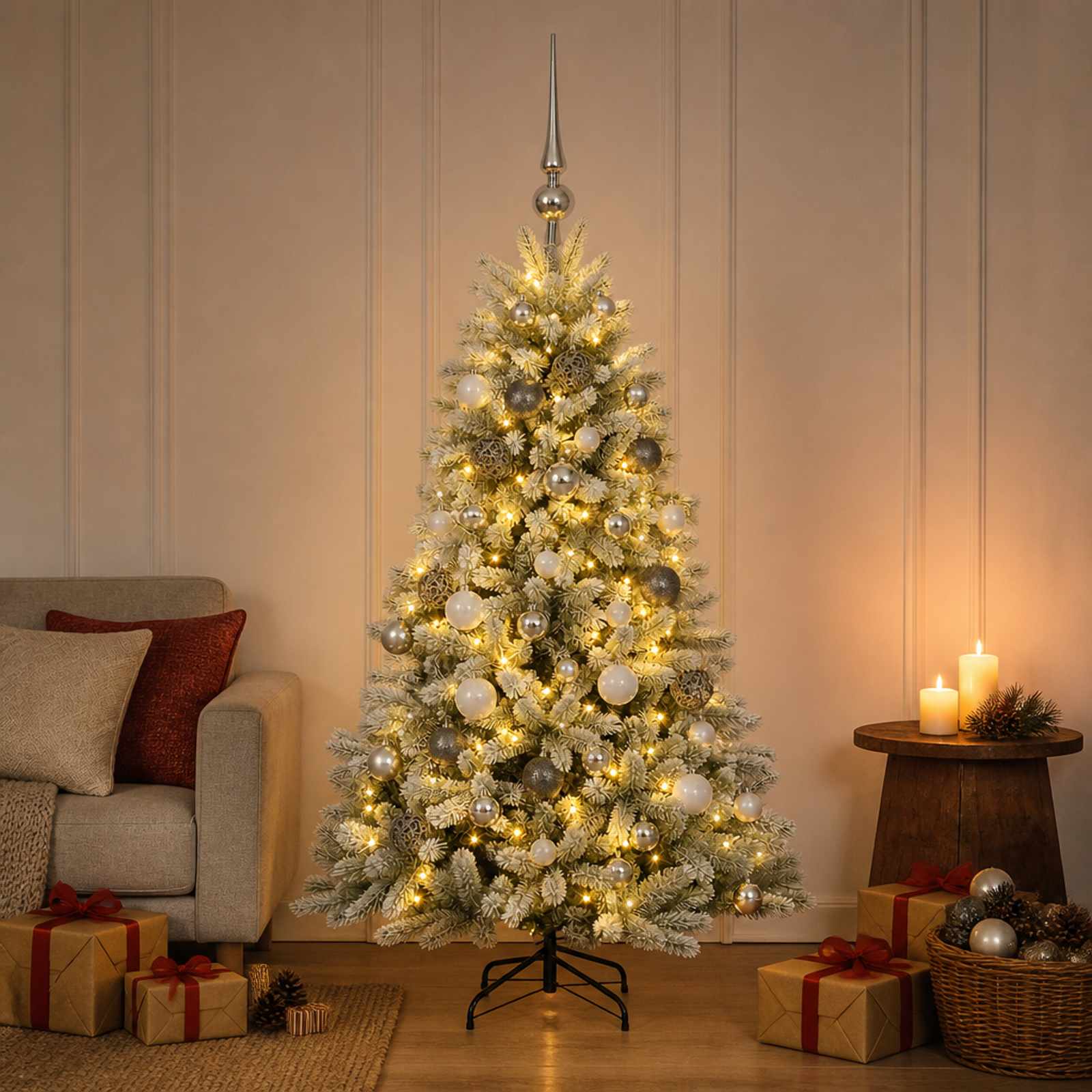 Umjetno božično drevo z okrasnimi kroglami 120 cm 150 LED