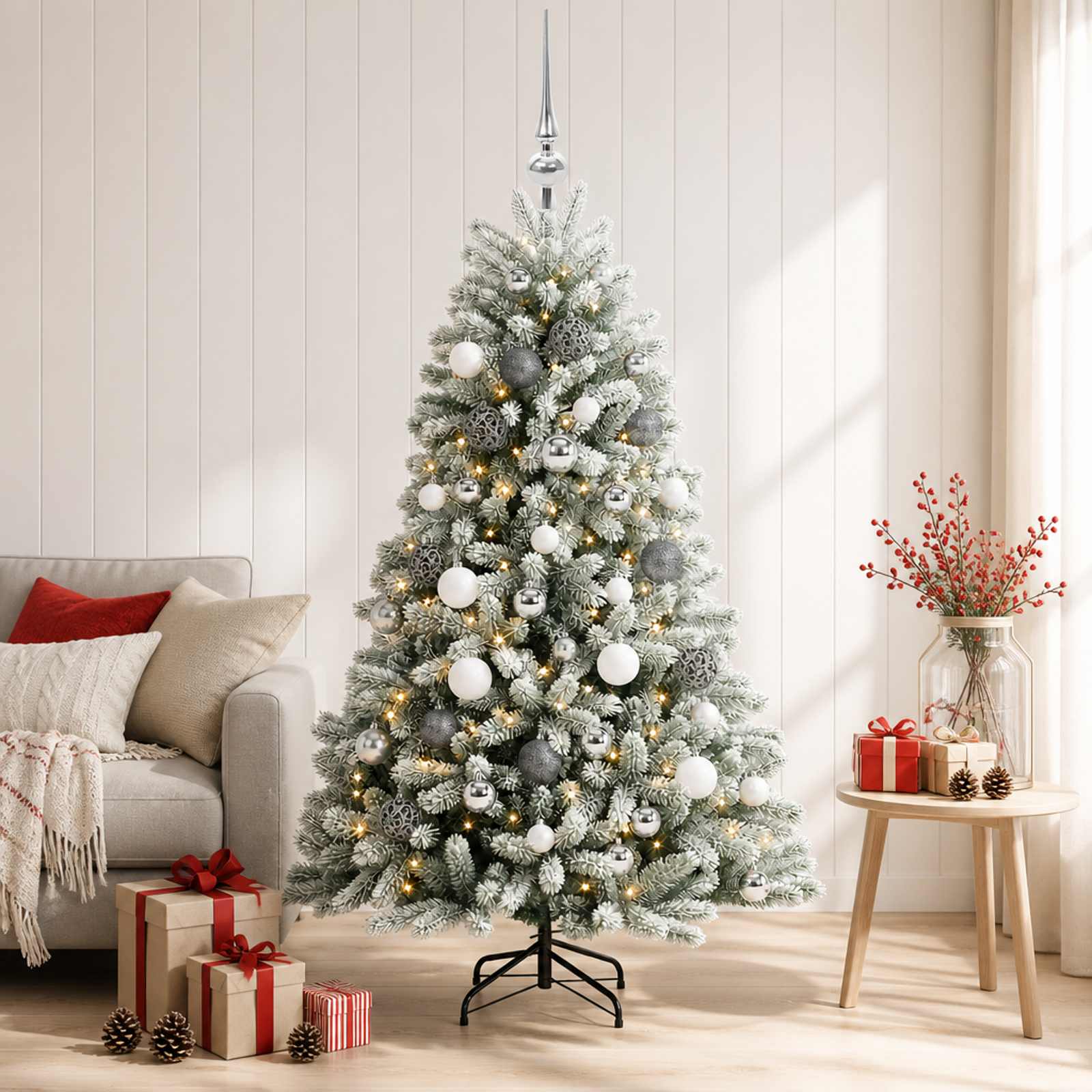Umjetno božično drevo z okrasnimi kroglami 120 cm 150 LED