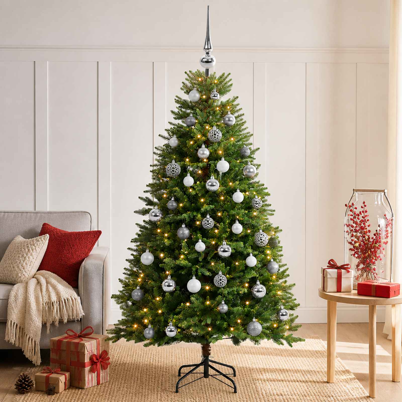 vidaXL Kunstig juletræ med kugler 150 cm 150 LED'er Varm hvid
