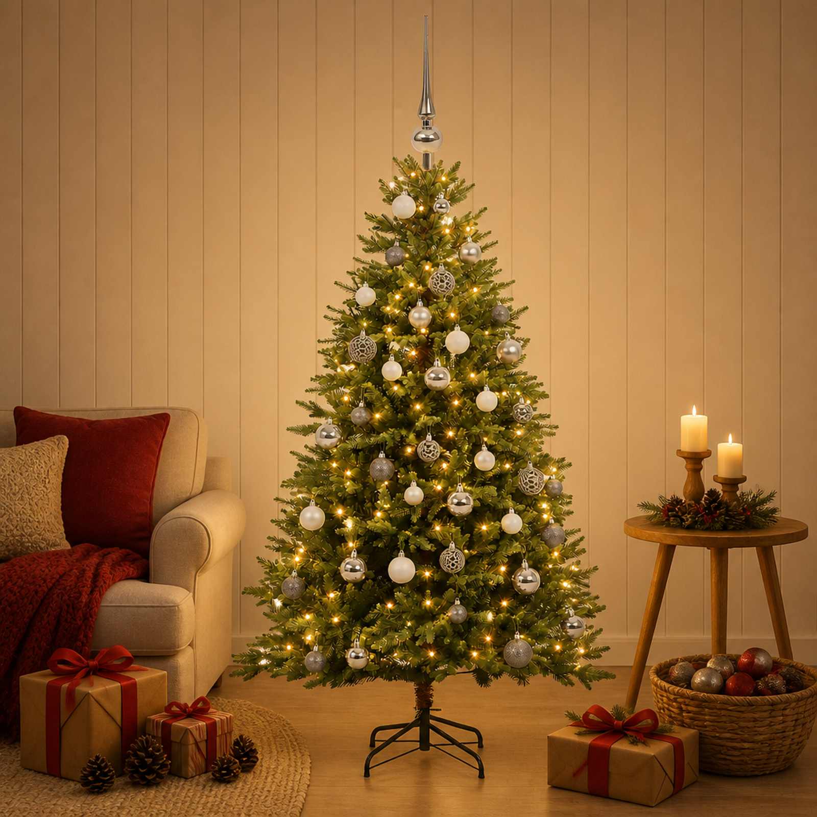 Umjetno božično drevo z okrasnimi kroglami 150 cm 150 LED