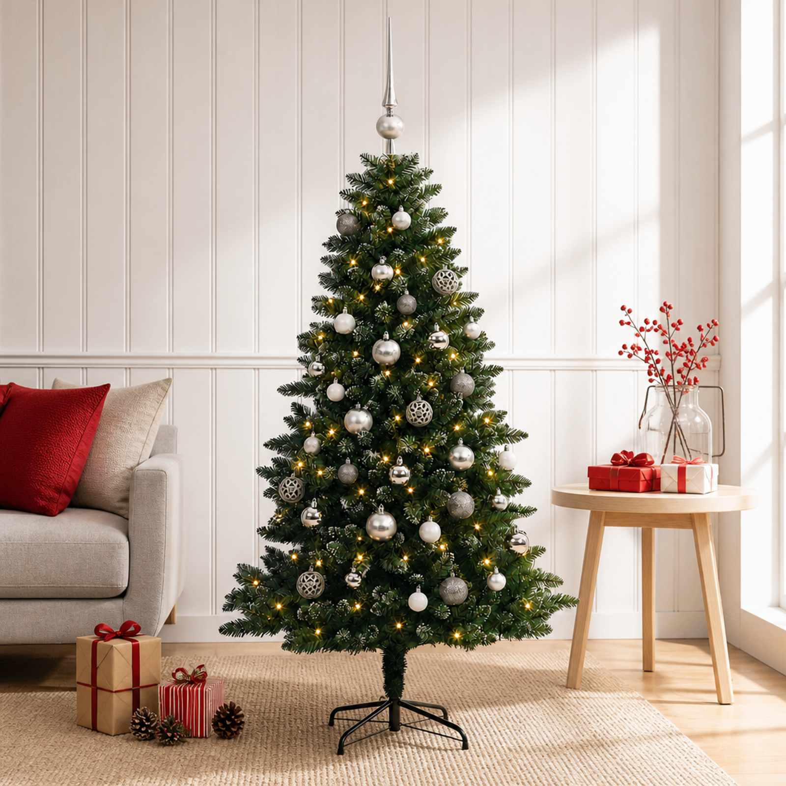 Umjetno božično drevo z okrasnimi kroglami 150 cm 150 LED