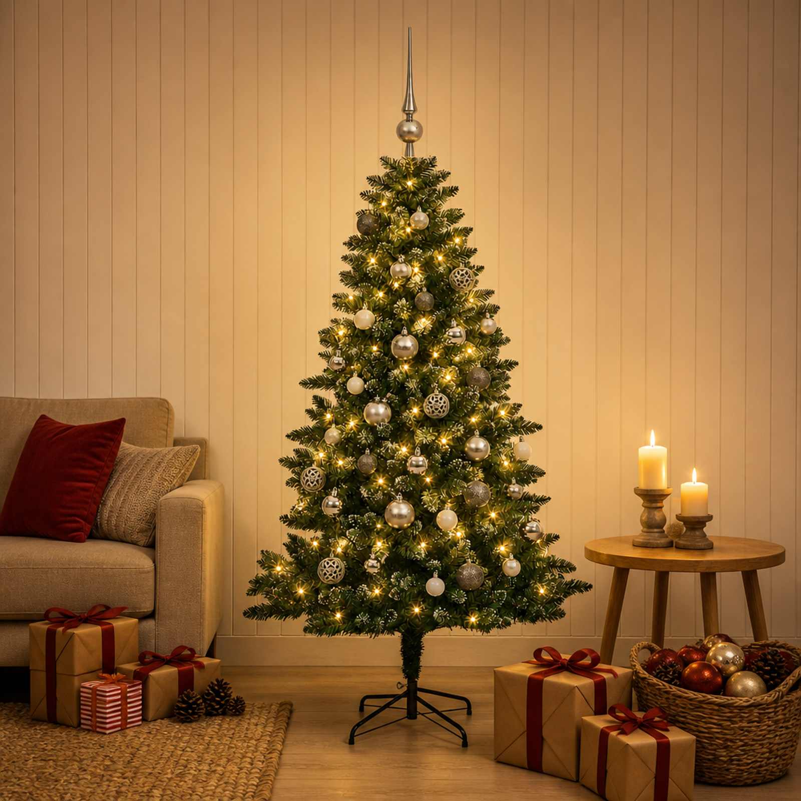 Umjetno božično drevo z okrasnimi kroglami 150 cm 150 LED