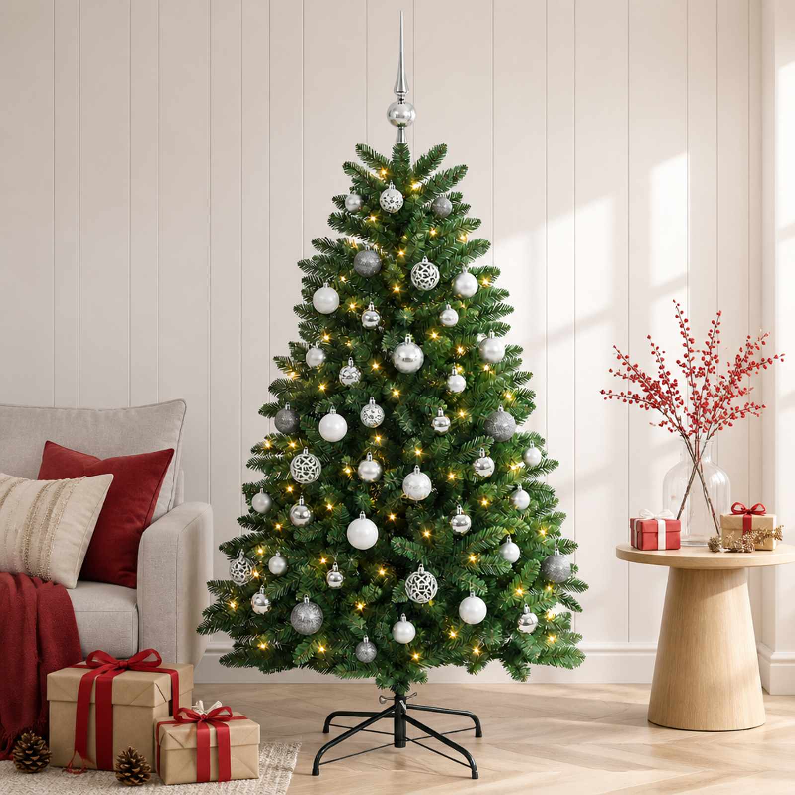 vidaXL Kunstigt juletræ mellemgrønt med julekugle 150 cm 150 LED'er
