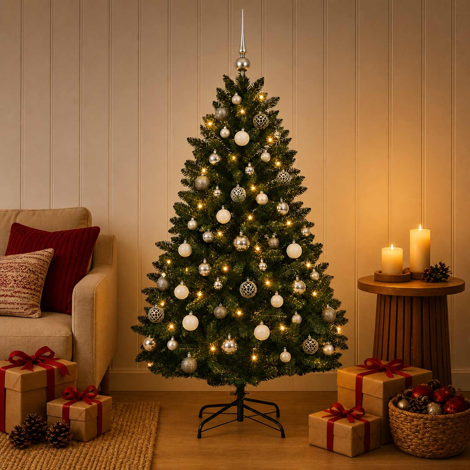 Umetna božična jelka, temno zelena, z bučkami 150 cm 150 LED