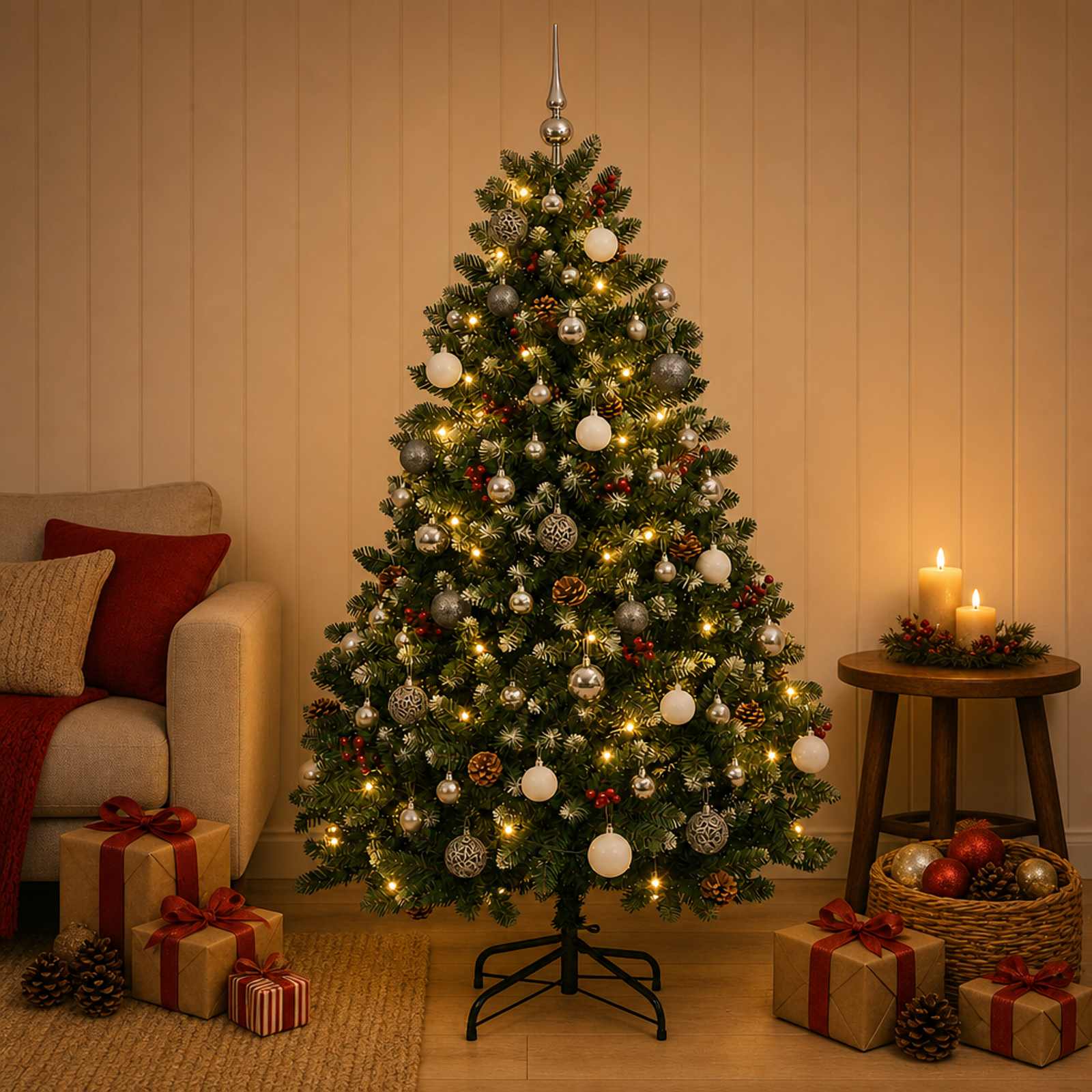 vidaXL Kunstigt juletræ, grønt med julekugle 150 cm 150 LED'er