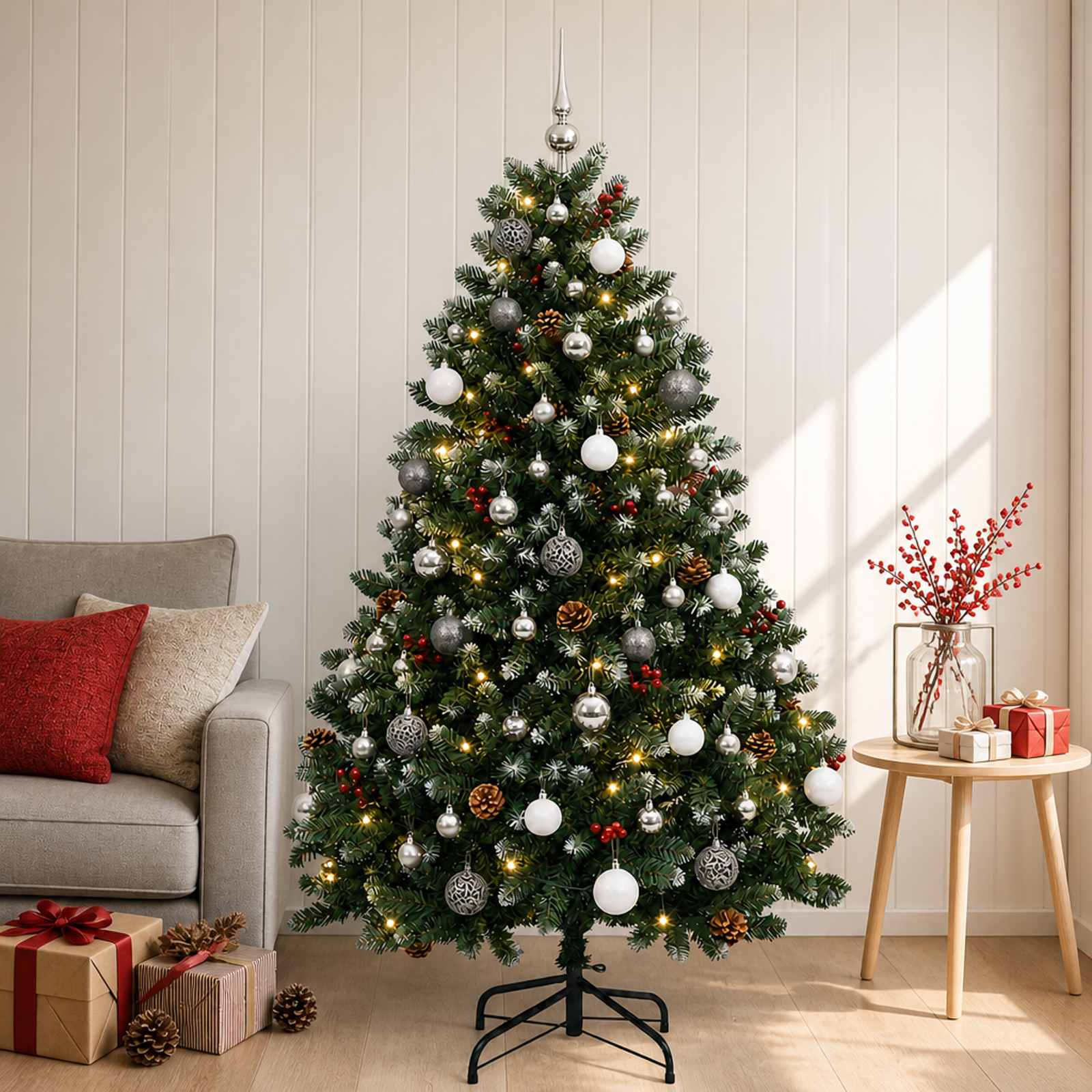 Umetna božična jelka, zelena, z okraski 150 cm 150 LED