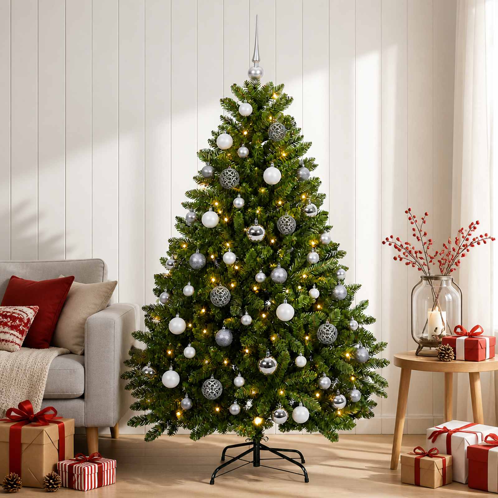 vidaXL Kunstigt juletræ, lysegrøn, med julekugler 120 cm 150 LED'er