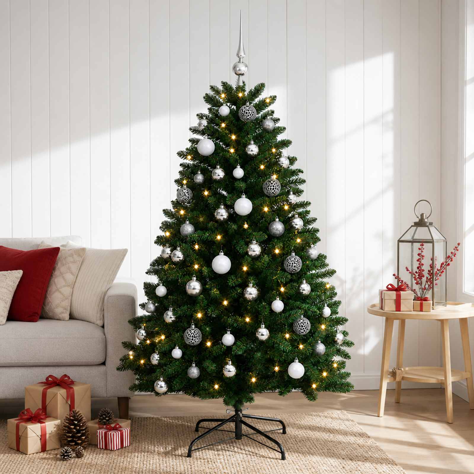 vidaXL Kunstigt juletræ mellemgrønt med julekugle 180 cm 300 LED'er