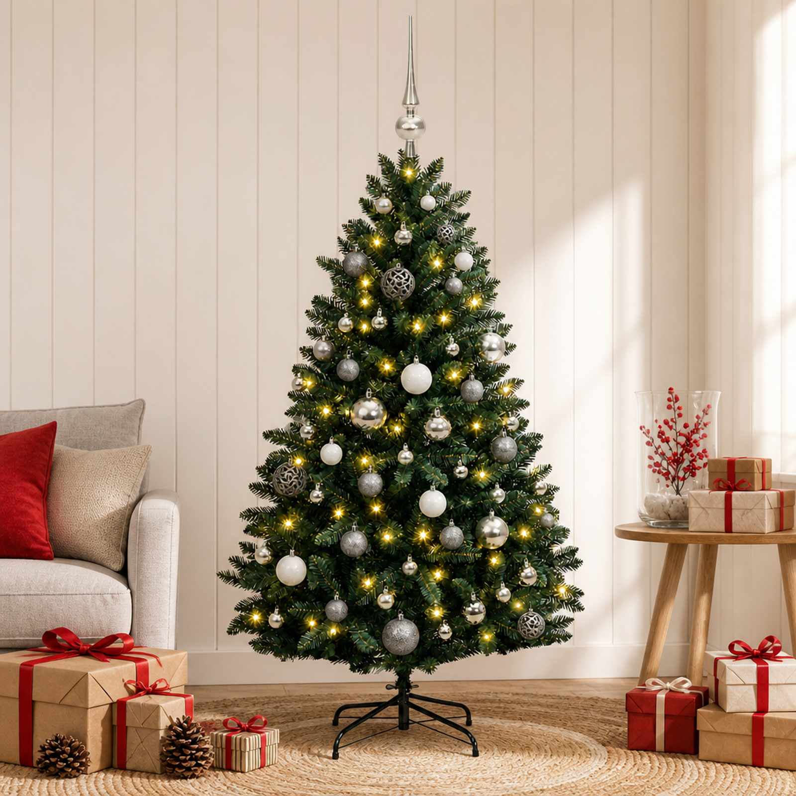 vidaXL Kunstigt mørkegrønt juletræ med julekugler 180 cm 300 LED'er