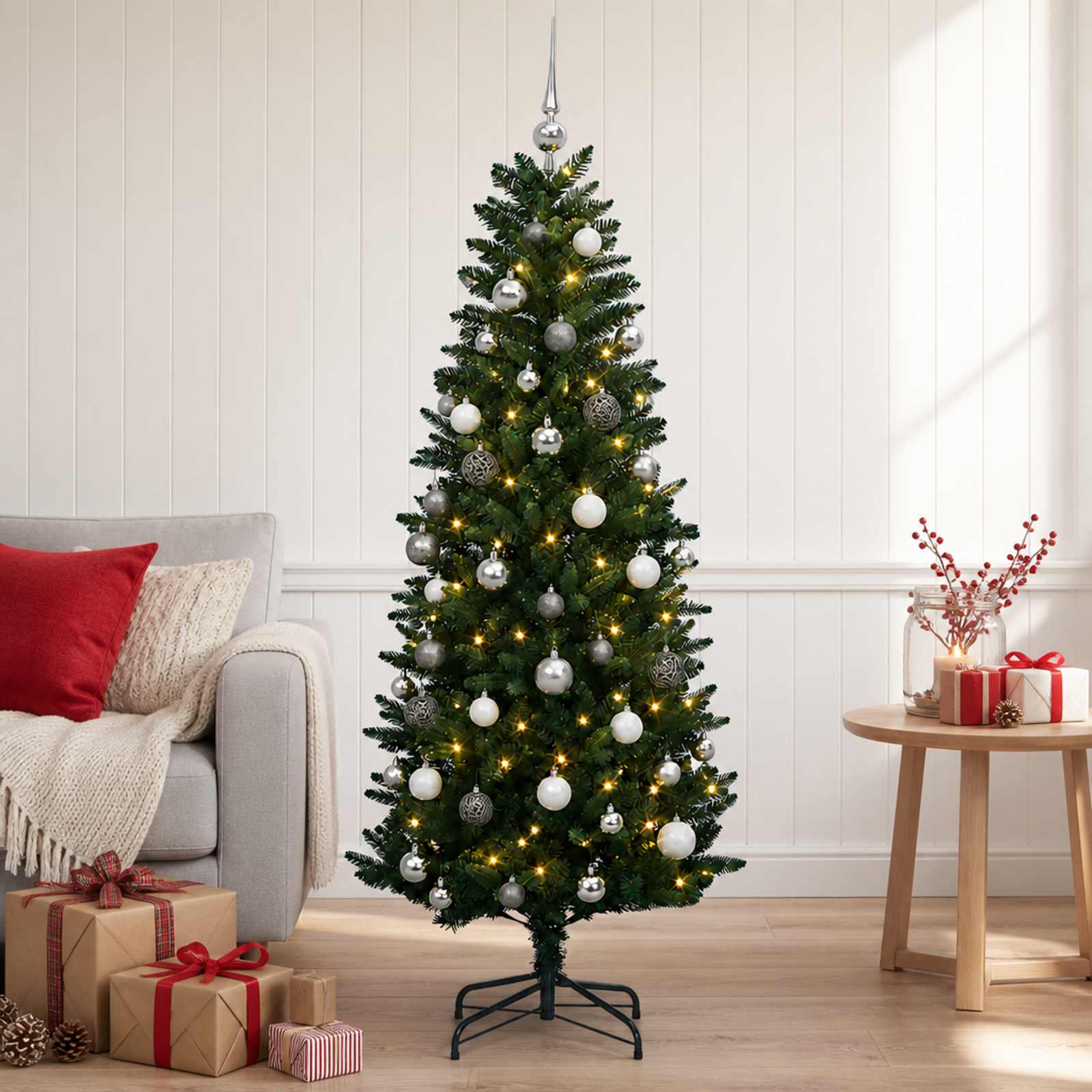 vidaXL Kunstig hængende juletræ med kugler 150 cm 150 LED'er Varm hvid