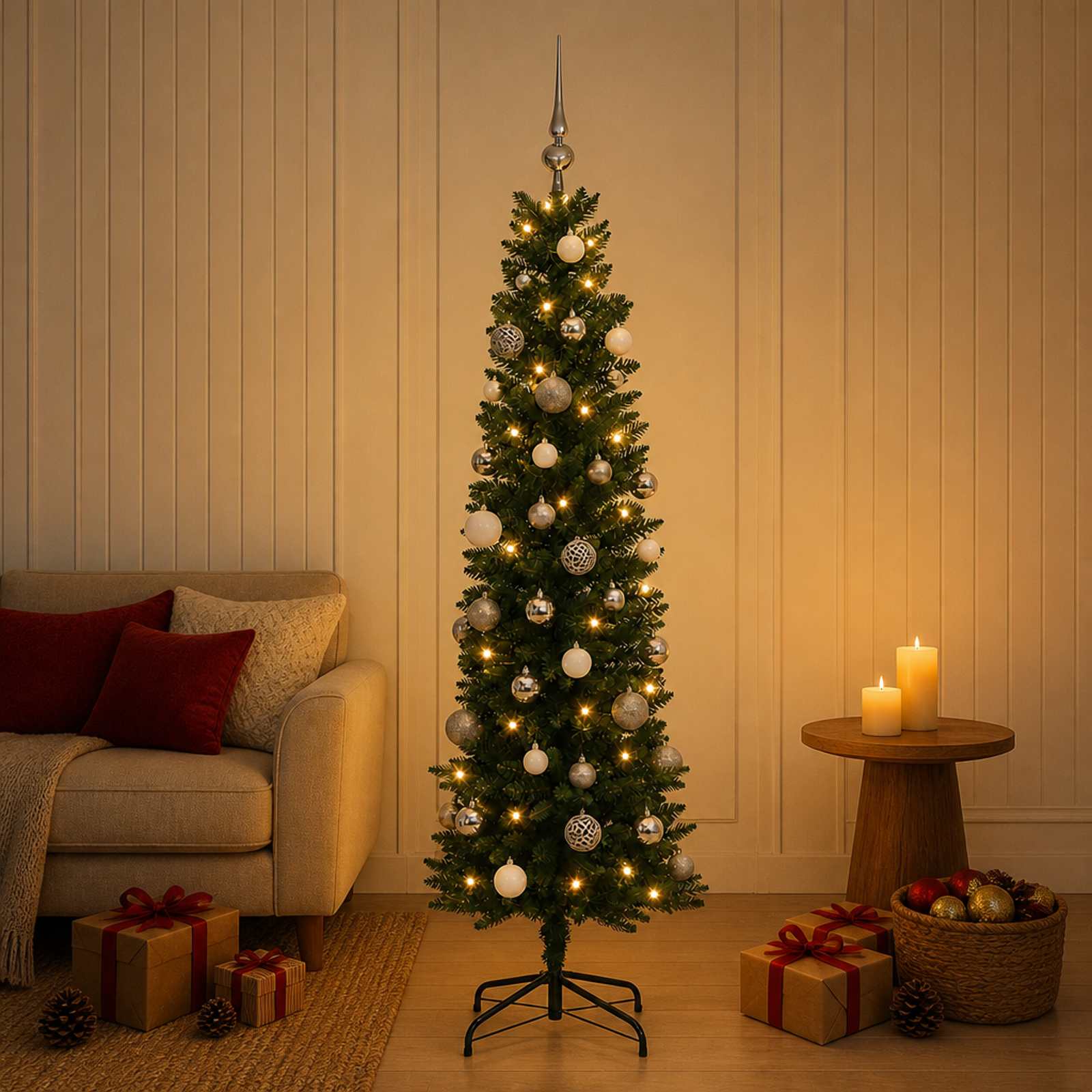 vidaXL Kunstigt, smalt juletræ med julekugler 150 cm 150 LED'er