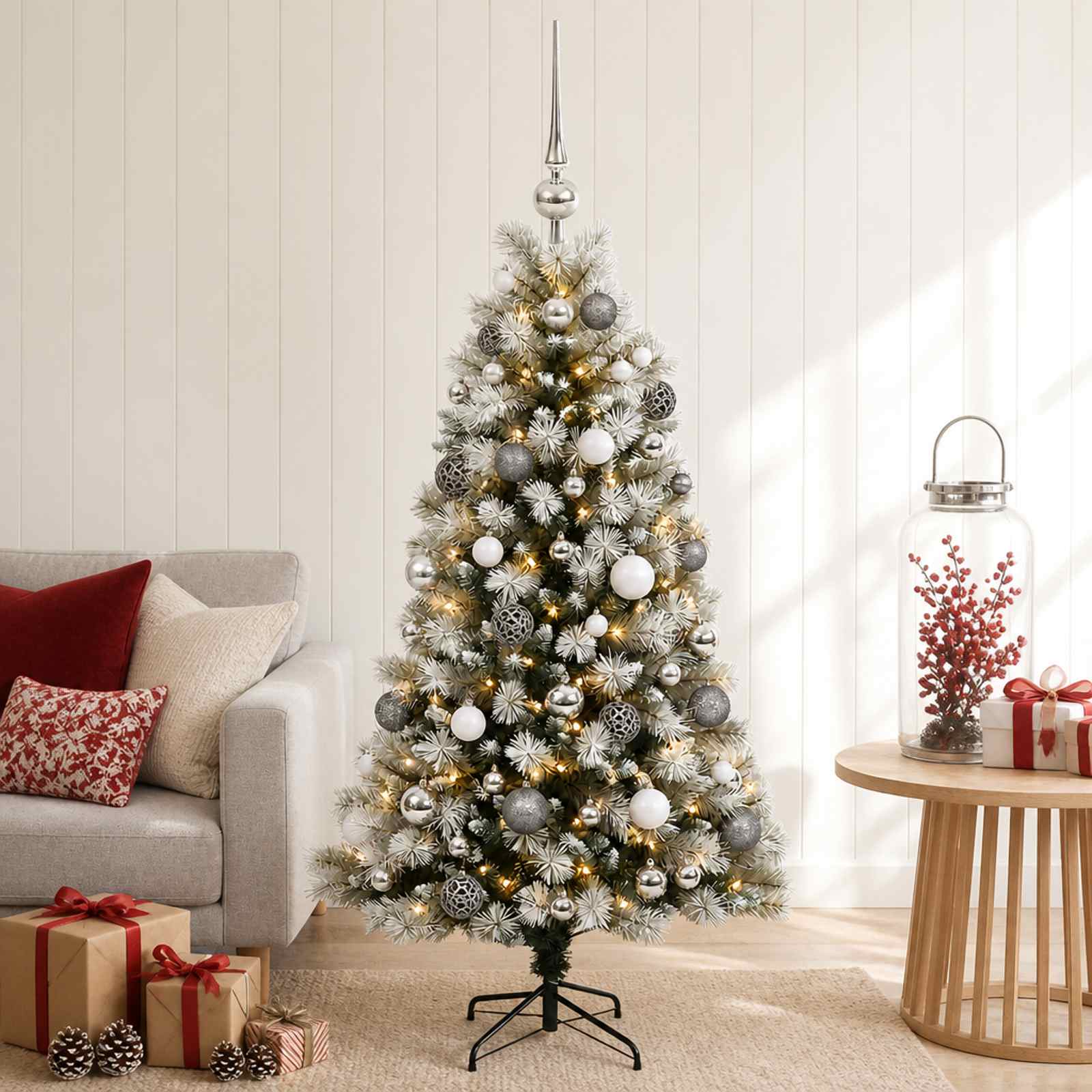 vidaXL Kunstigt hængslet juletræ med julekugler 120 cm 150 LED'er