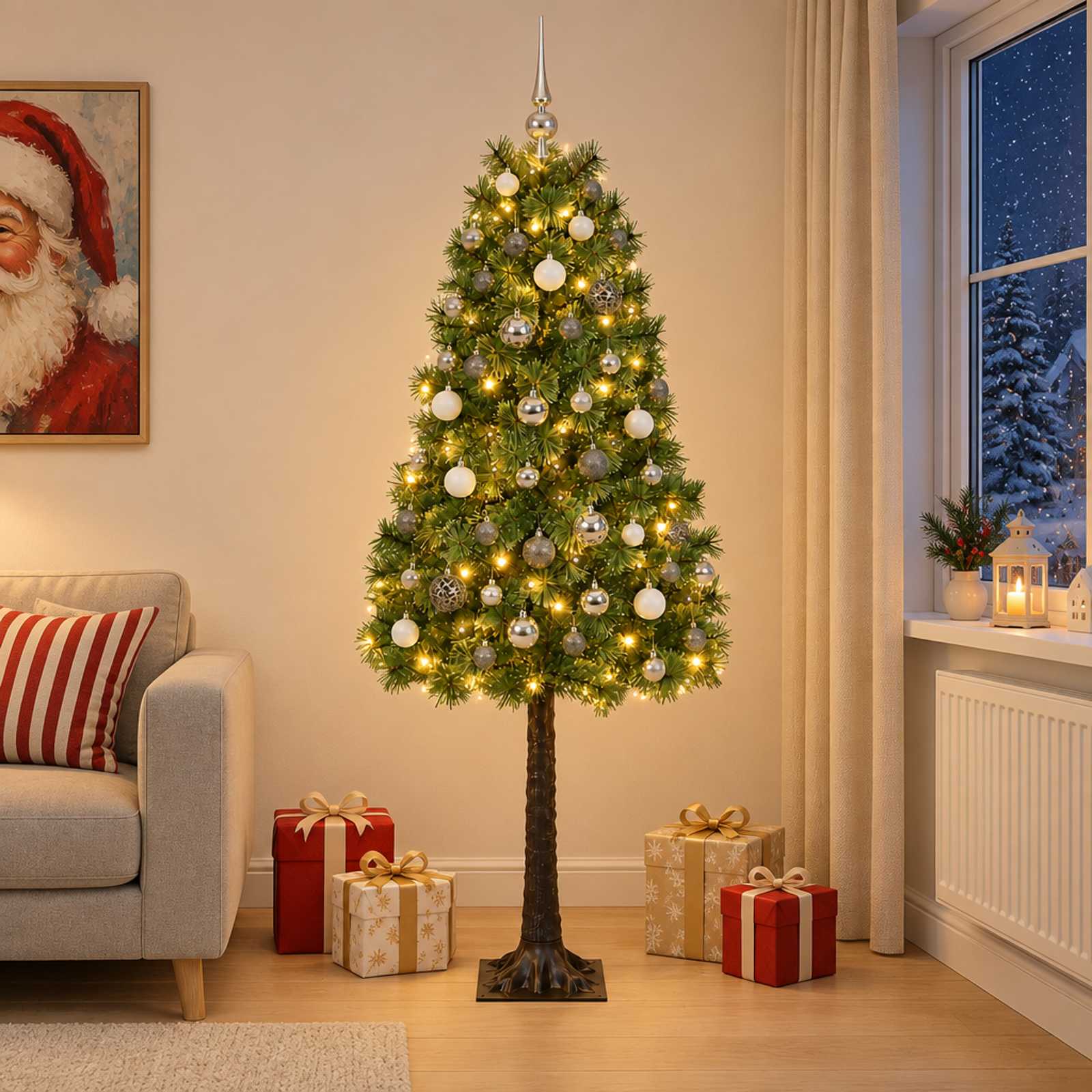 vidaXL Kunstigt hængslet juletræ med julekugler 150 cm 150 LED'er