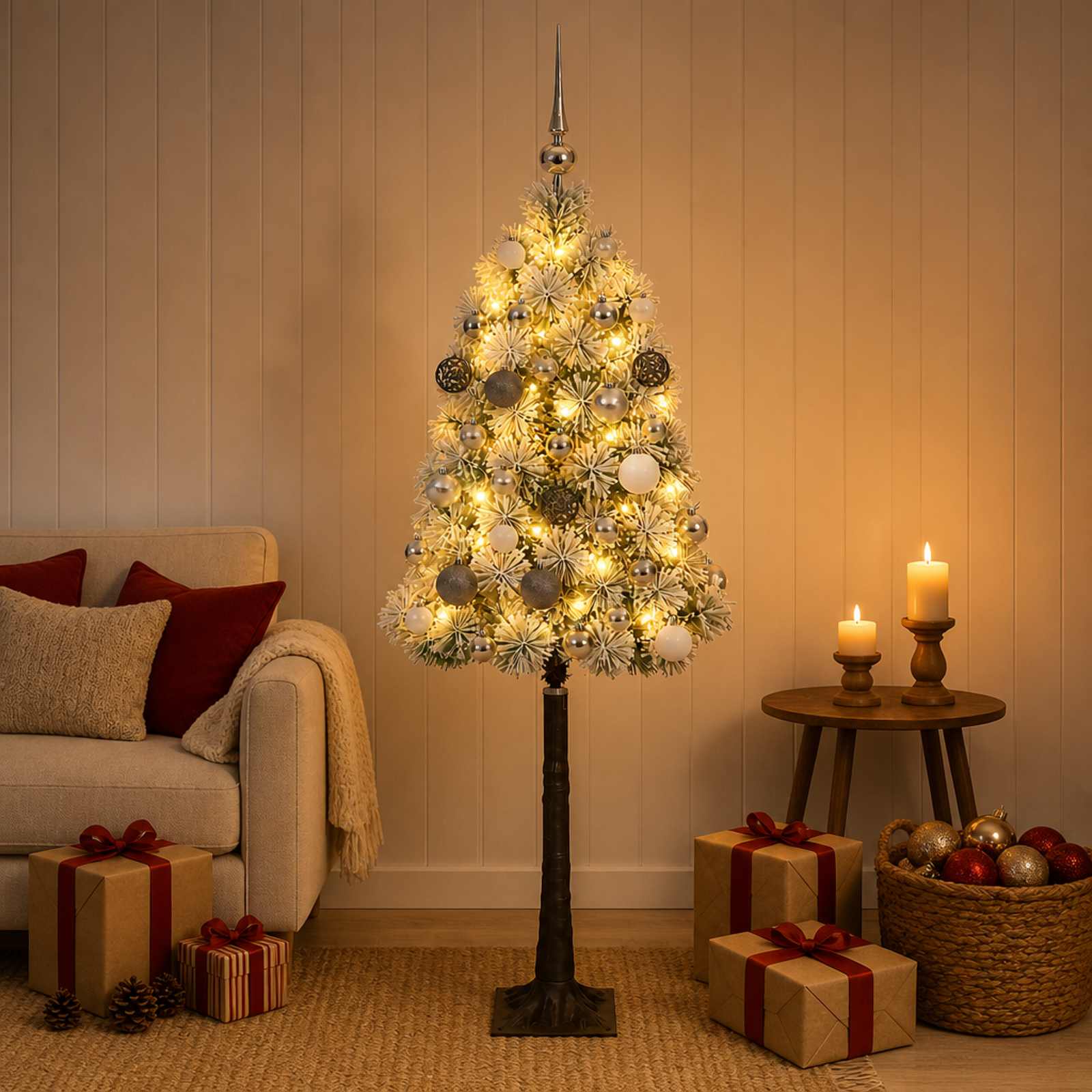 vidaXL Kunstigt hængslet juletræ med julekugler 120 cm 150 LED'er
