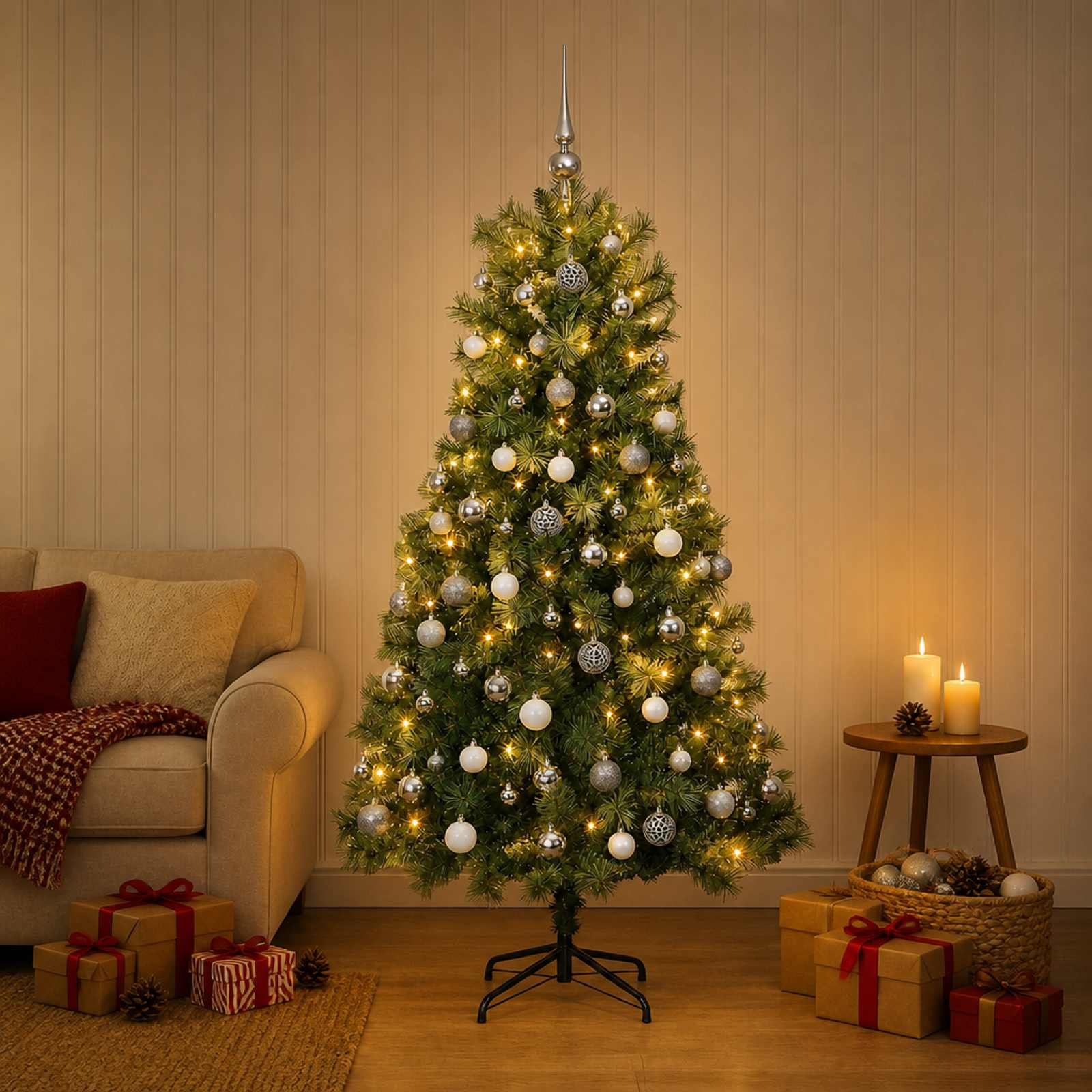 Umetno božično drevo s kroglicami in zložljivimi vejami 120 cm