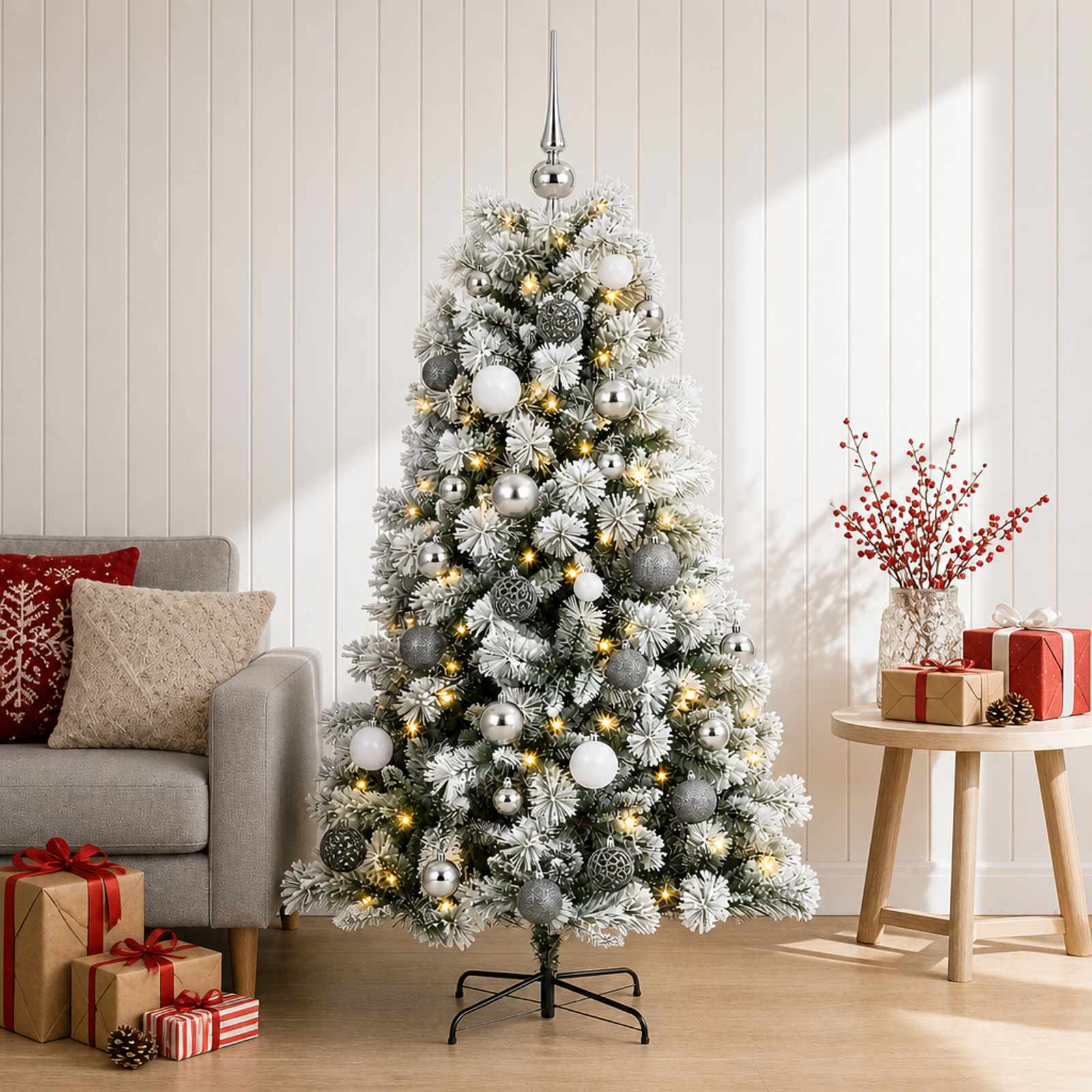 vidaXL Kunstigt hængslet juletræ med julekugler 120 cm 150 LED'er
