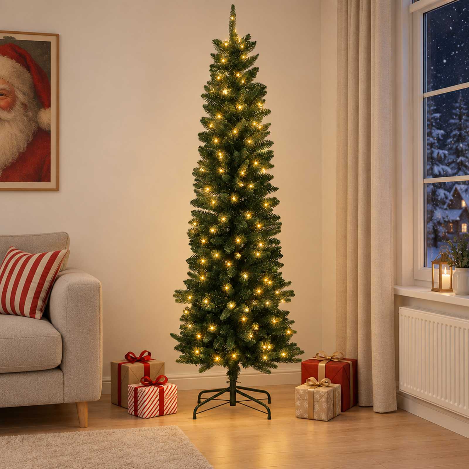 vidaXL Kunstigt slankt juletræ 210 cm 300 LED'er Varm hvid PE og PVC