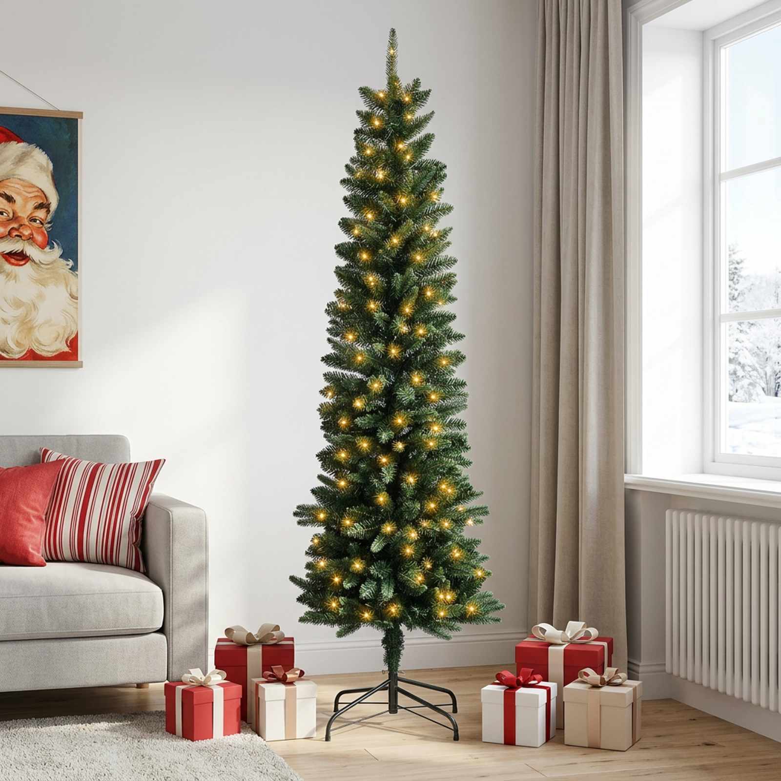 vidaXL - Kunstmatige - slanke - kerstboom - 180 - cm - 300 - LED's - Warmwit - PE - en - PVC