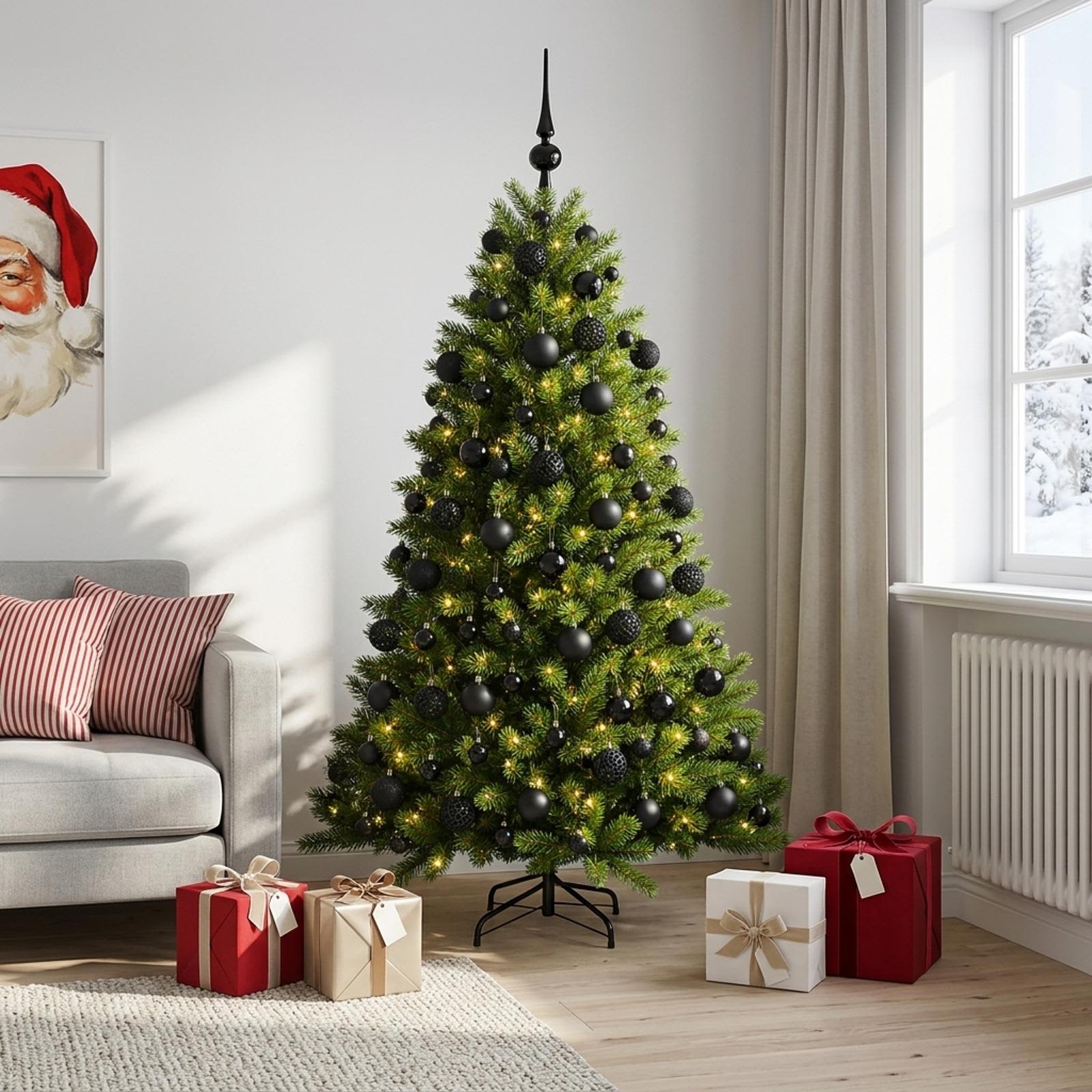 vidaXL Muovinen joulukuusi koristeilla 210 cm 300 LEDiä