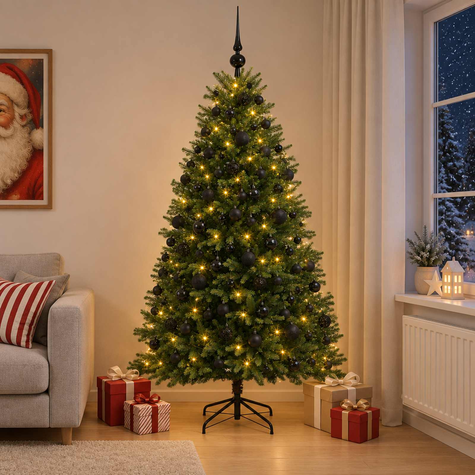 vidaXL Muovinen joulukuusi koristeilla 240 cm 300 LEDiä