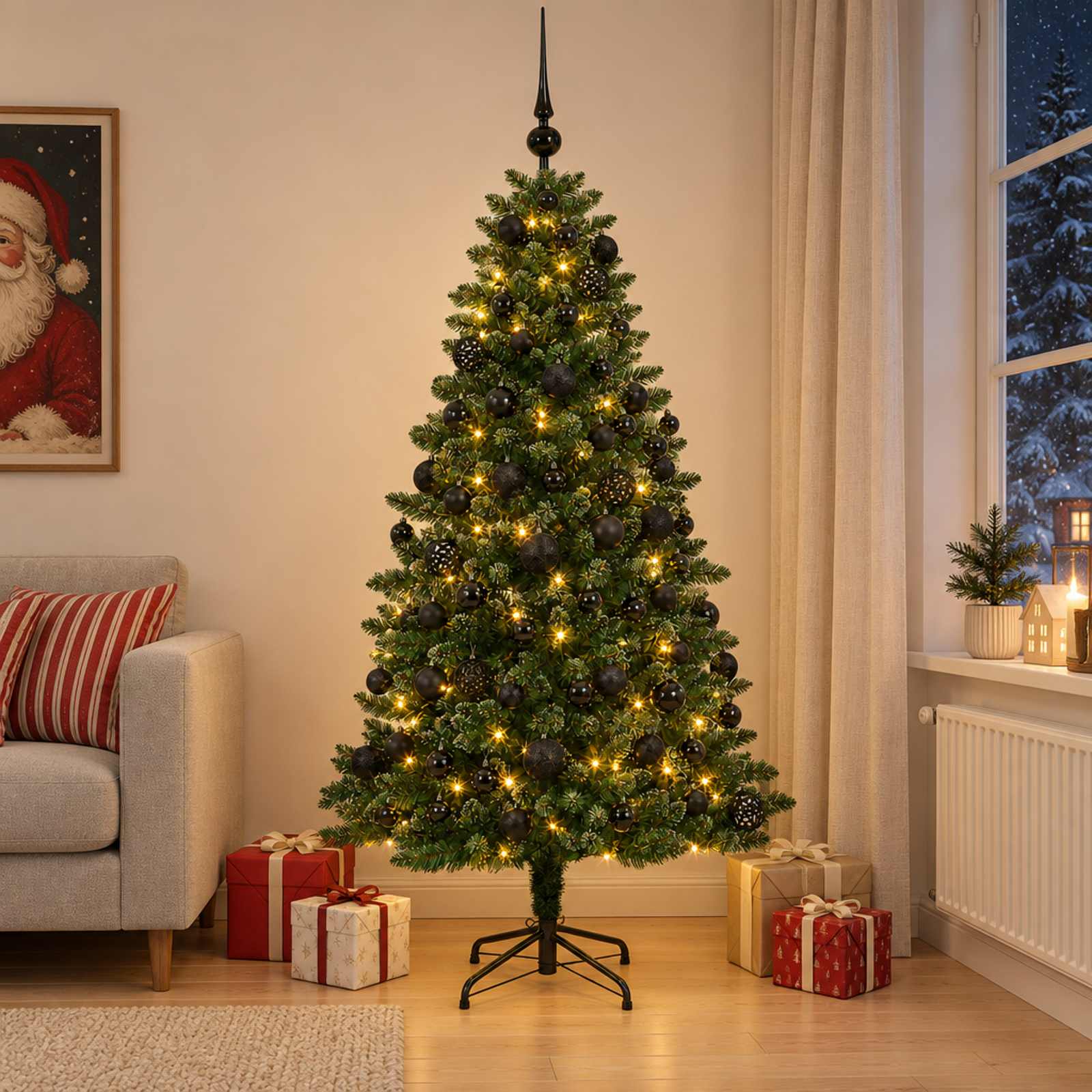 vidaXL Muovinen joulukuusi koristeilla 210 cm 300 LEDiä