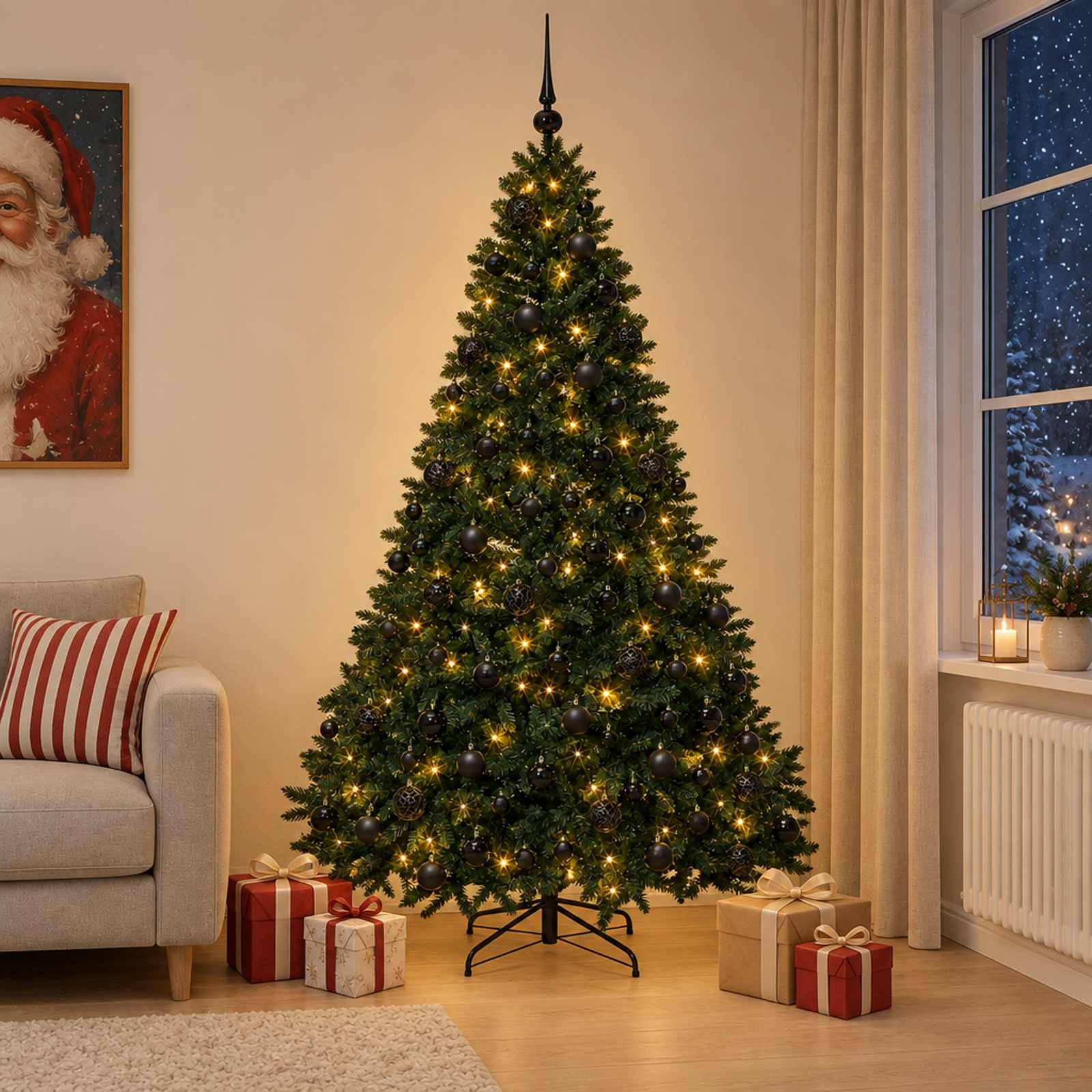Kunstigt juletræ med LED-lyskæde og julekugler - mørkegrønt, 240 cm