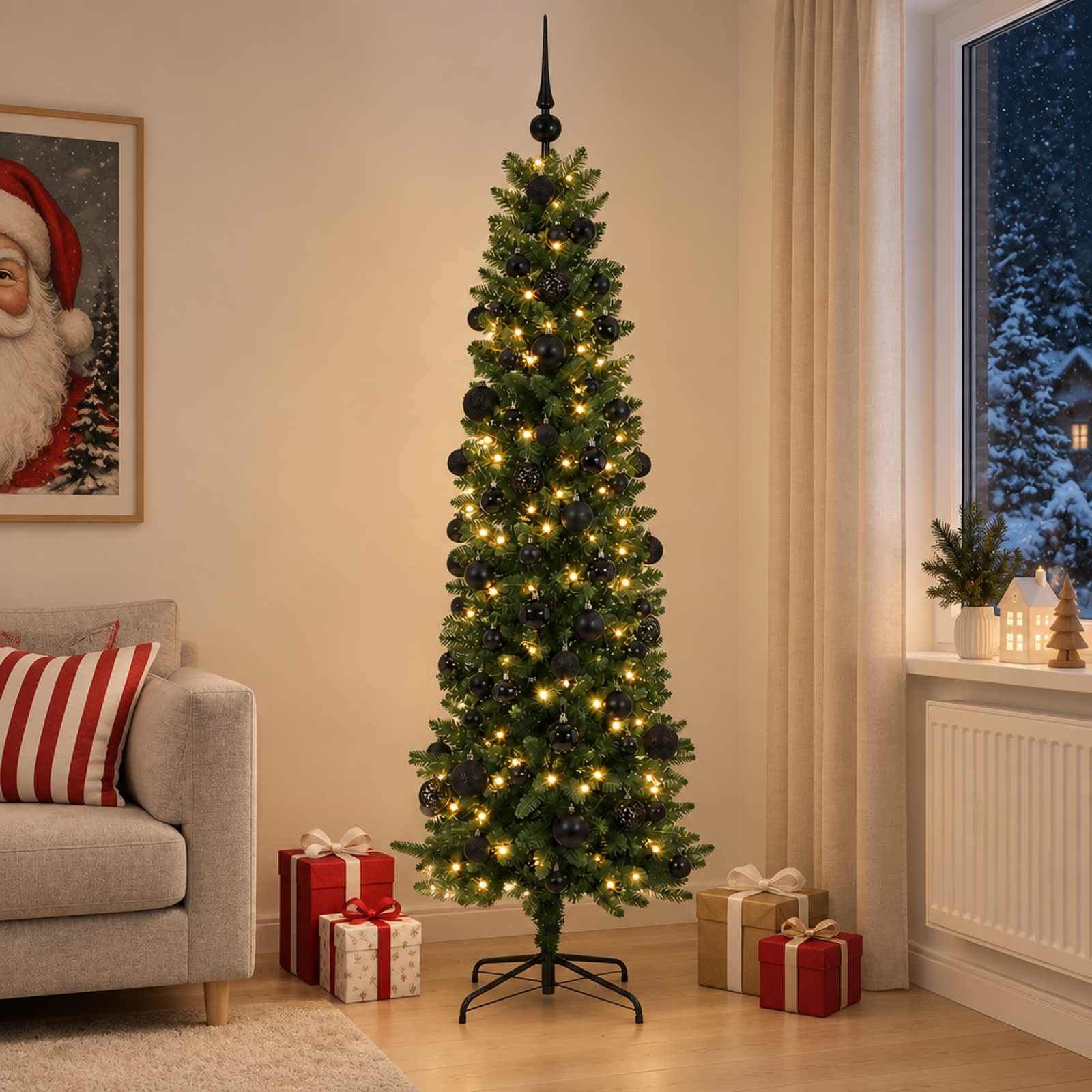 vidaXL Kunstigt slankt juletræ med julekugle 210 cm 300 LED'er